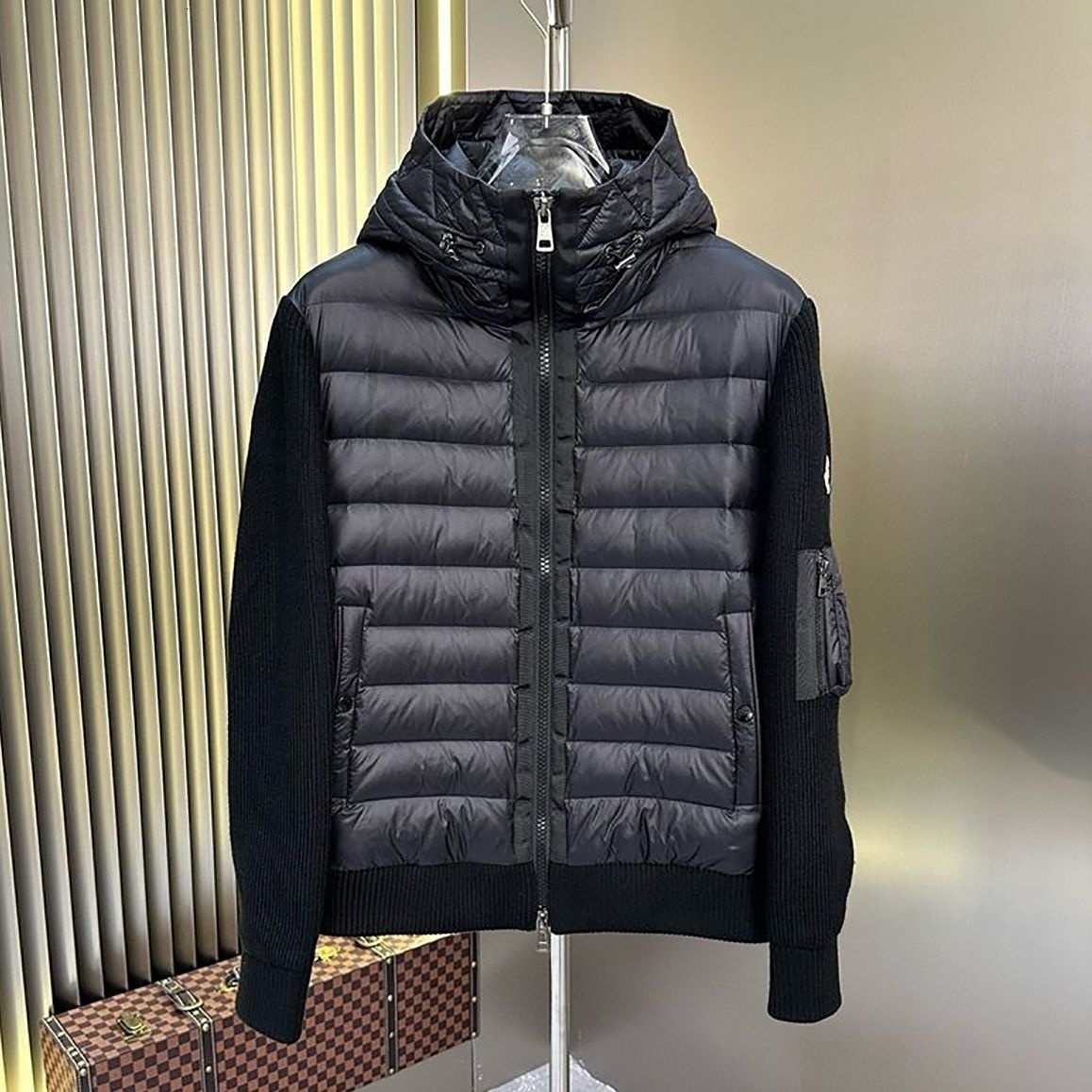 Men puffer winter Knit Sleeve Spliced Hooded Cotton Jacket Windproof Warm Short Outerwear lightweight down jacket