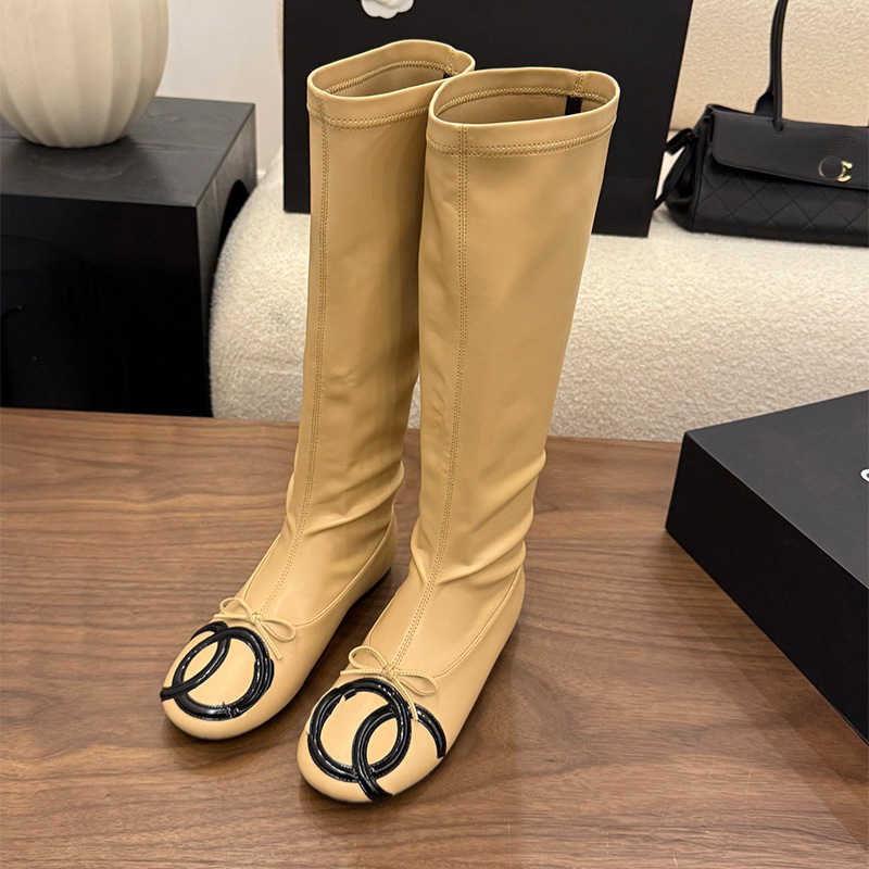 Ballerina Stilista Lusso Donna Bianco Marrone Pelle Ginocchio Lungo Punta Rotonda Piatta Moda Abito Casual Calzature Qualità Comfort Moderno Elegant