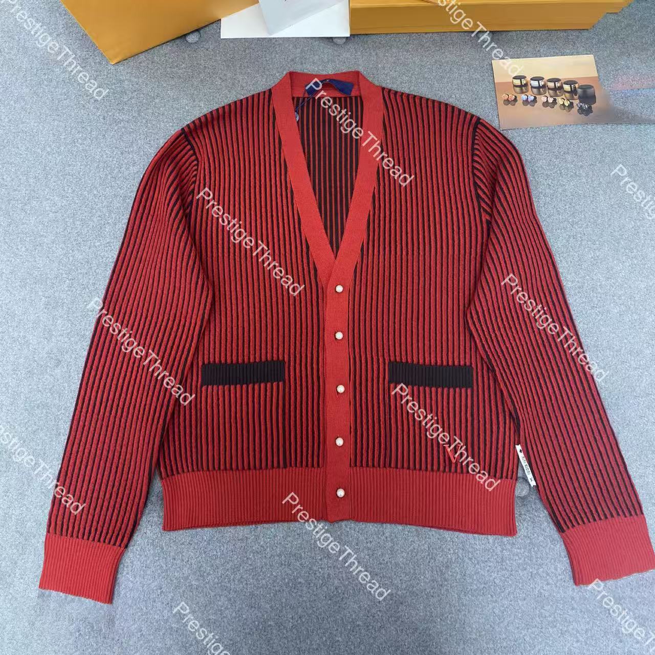 High-Quality Designer Men's Sweaters New Year Red Striped Wool Cardigan Jacket