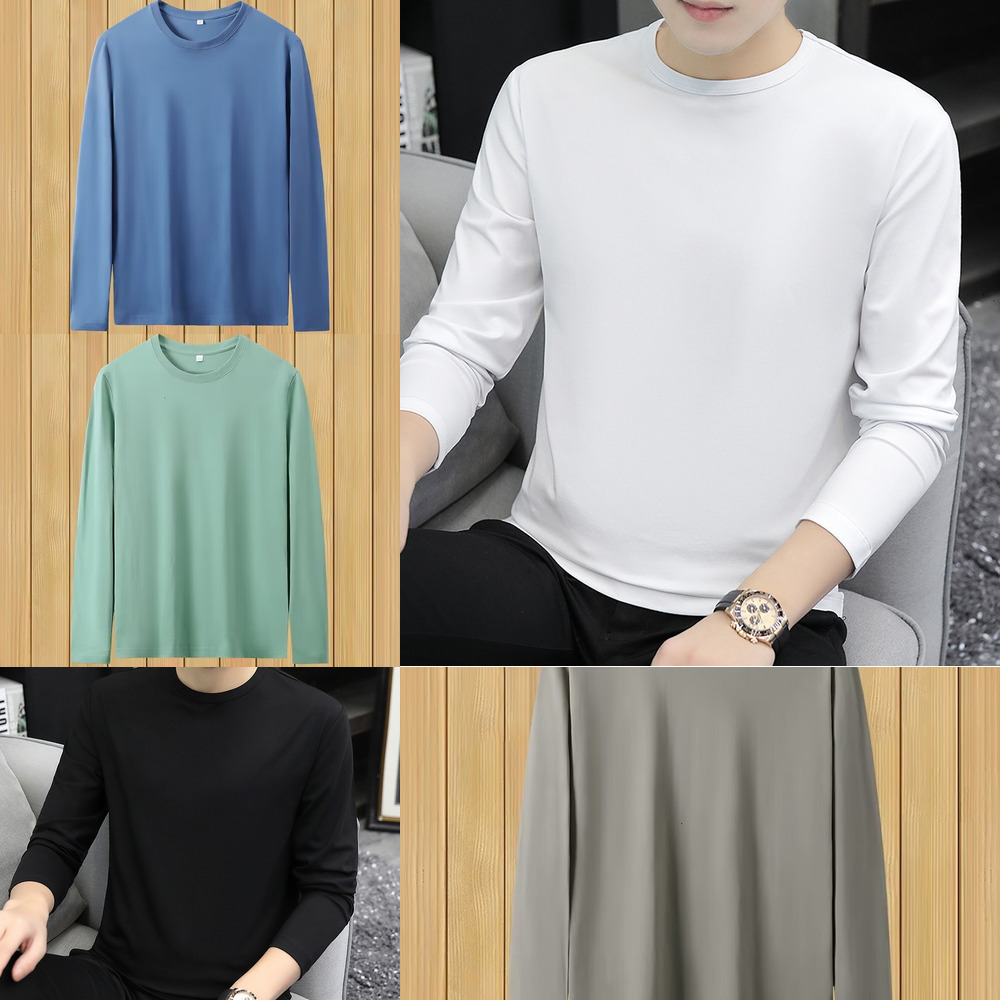 Modal Cotton White Long Sleeve T-Shirt for Men, New Spring and Autumn Inner Wear, Solid Color Base Shirt, Sweatshirt, Autumn Top c0