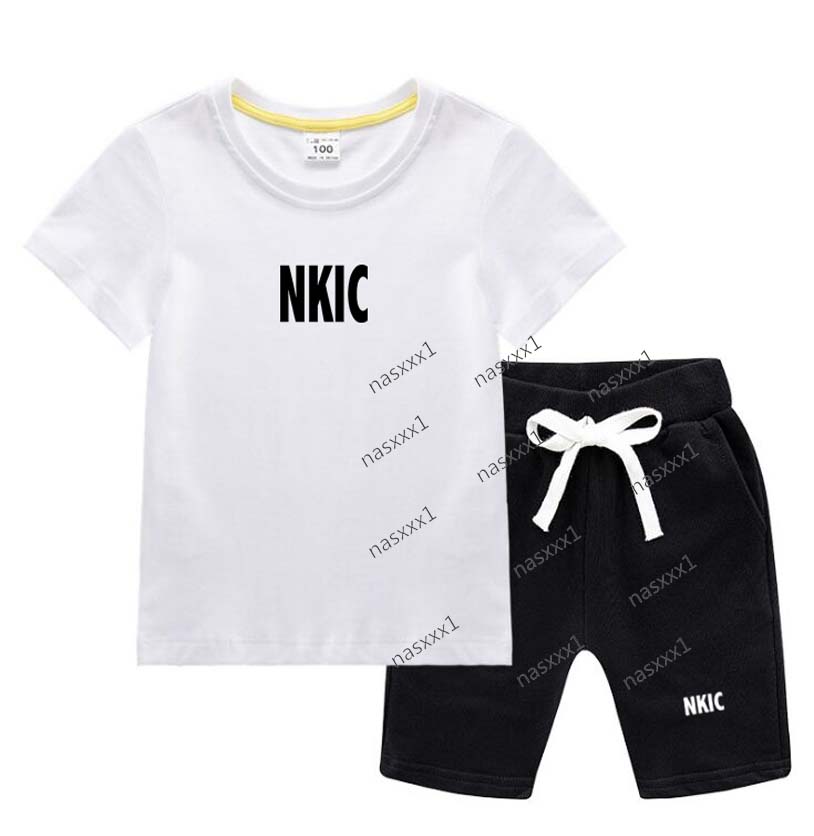 Summer Short Sleeve 100% Cotton White T Shirt shorts 2 Piece Set Children Clothes Brand Print Sport Casual Fashion Boy Girl Kids Tracksuit