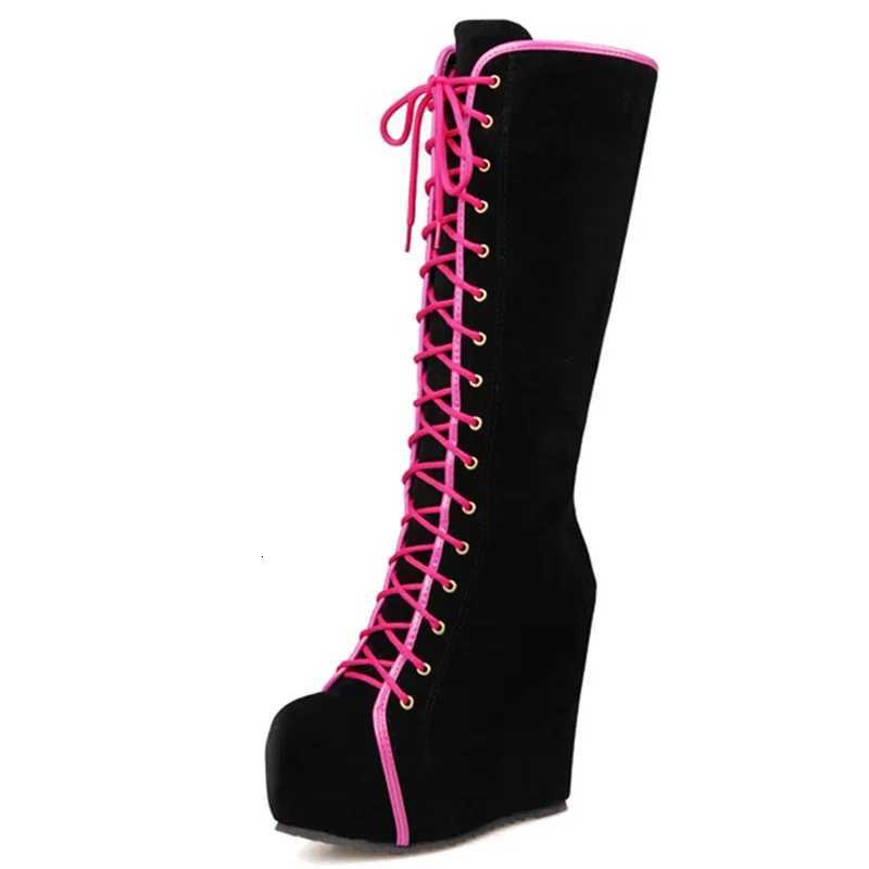 Botas de moda hasta la rodilla botas de mujer plataforma Sexy tacones de cuña botas altas de mujer con cordones punta redonda zapatos de baile negro
