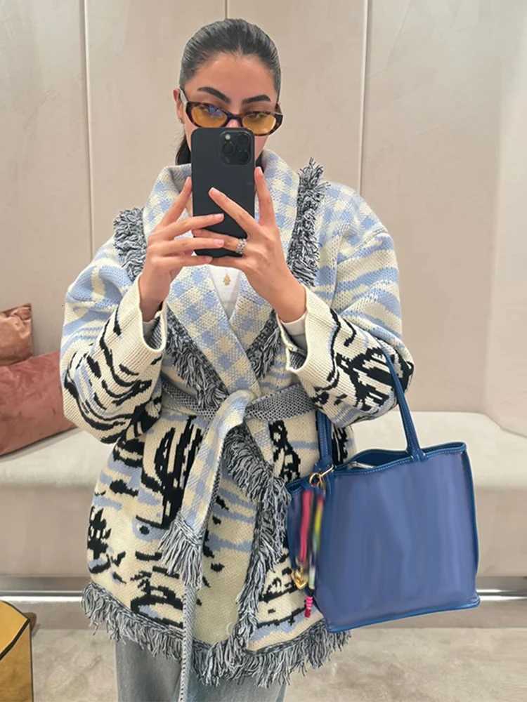 Women's Knits Tees Jacquard Fringe Belted Wrap Knit Cardigan Lapel All Over Pattern Raw Fringe 2026 Autumn Winter Commute Lady Women Casual Coa