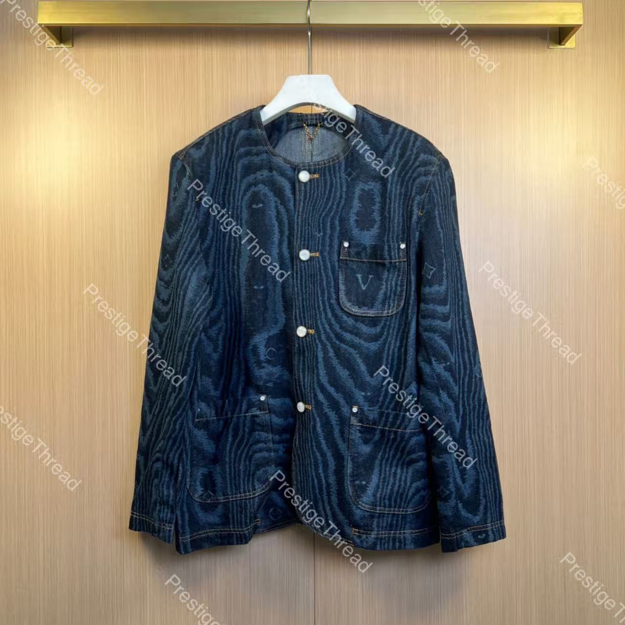 Pixel tree-pattern denim collarless jacket, high-quality designer men's tracksuits, denim cardigan jacket, denim wide-leg pants