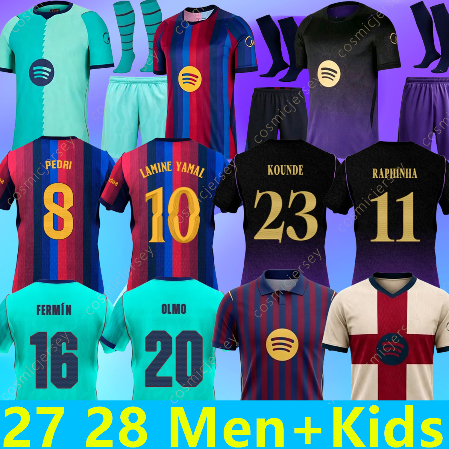 Barcelone 2026 2027 2028 Home Away LAMINE YAMAL PEDRI GAVI KOUNDE FERMIN Lewandowski OLMO Kits Hommes Enfants Maillots de Barcelone 26 27 28 Chem