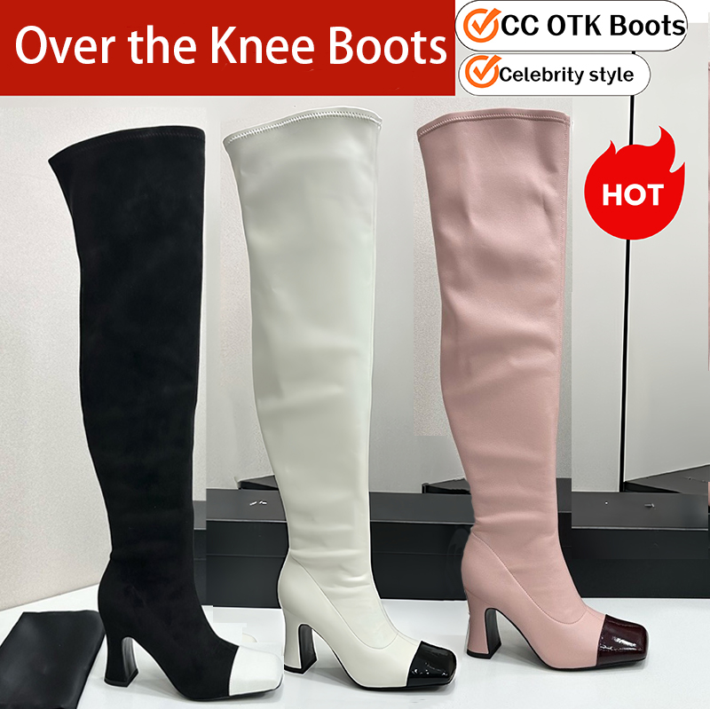 Over The Knee Boot Designer Luxury Womens Black White Pink Leather Patent Square Toe Block Heel Fashion Dress Footwear Quality Comfort Modern Stylis