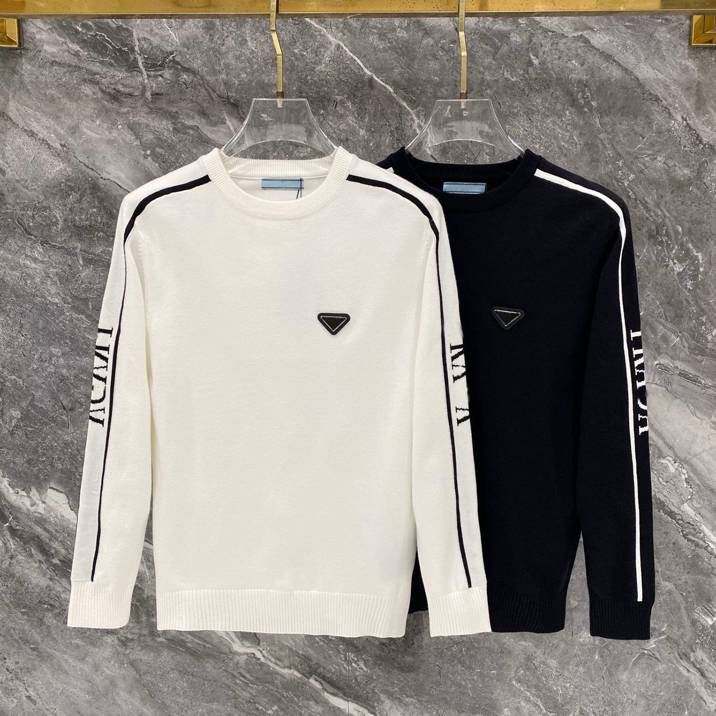 Designer brand clothing, high-quality men's clothing, men's sweaters, side striped letter round neck pullover knitted sweater, long sleeve