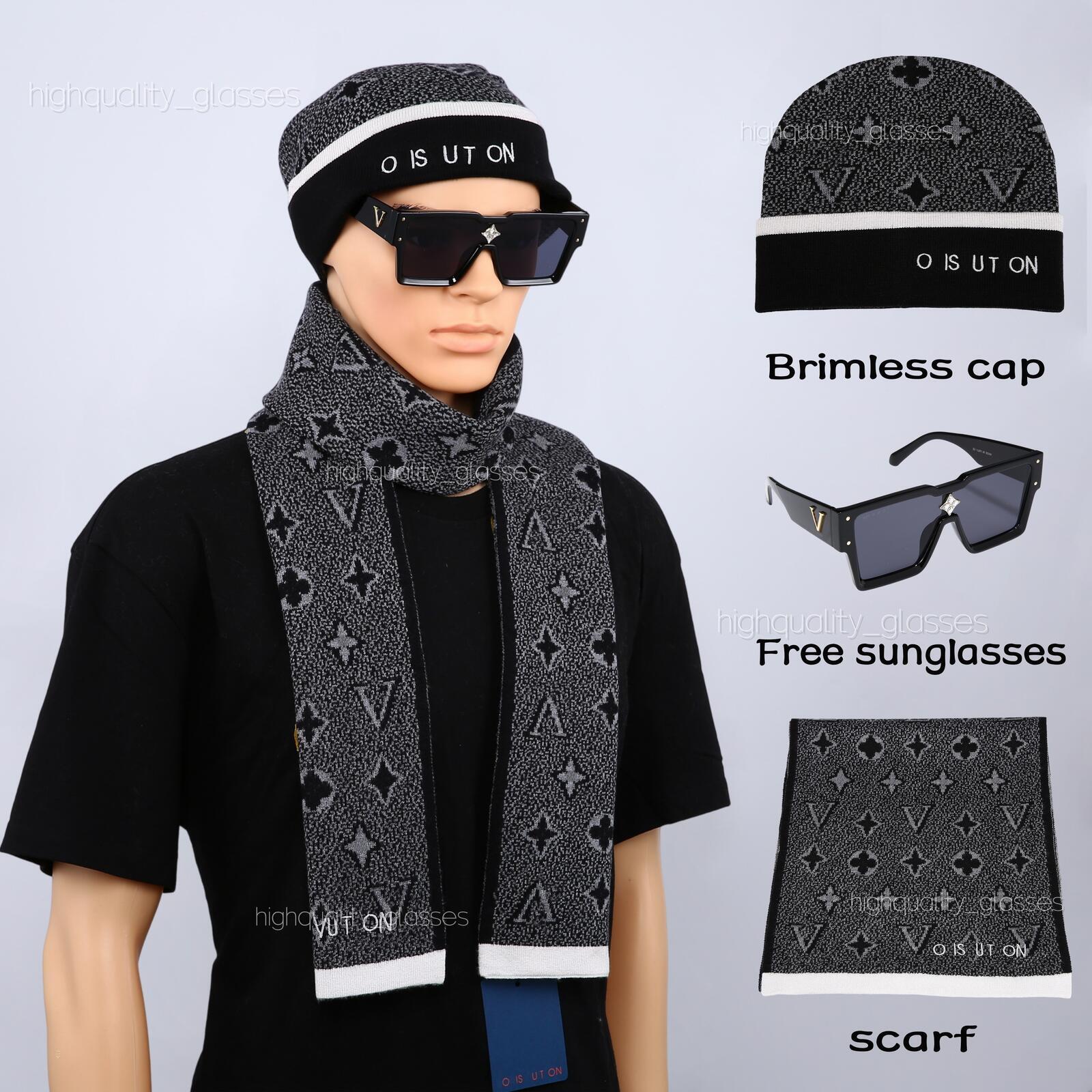 Knit Beanie Hat and Scarf Three-Piece Set with Free Sunglasses Cuffed Brimless Cap Long Scarf Fall Winter Fashion Accessories Gift Set With Free Sun