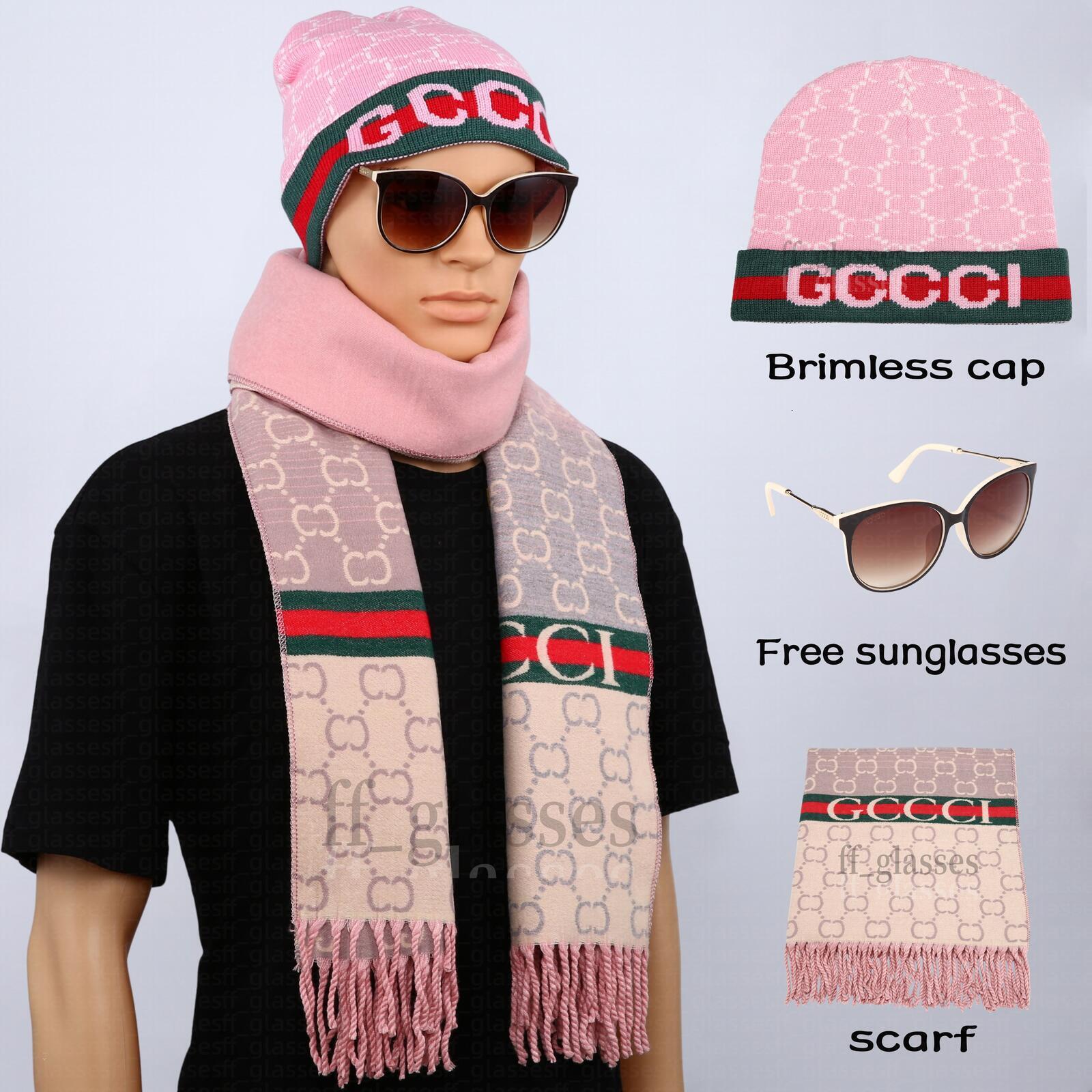 con gafas de sol gratis Conjunto de gorro de punto gg Gorro sin ala con puños Letras clásicas Bufanda con flecos Accesorios de otoño e invierno Rega