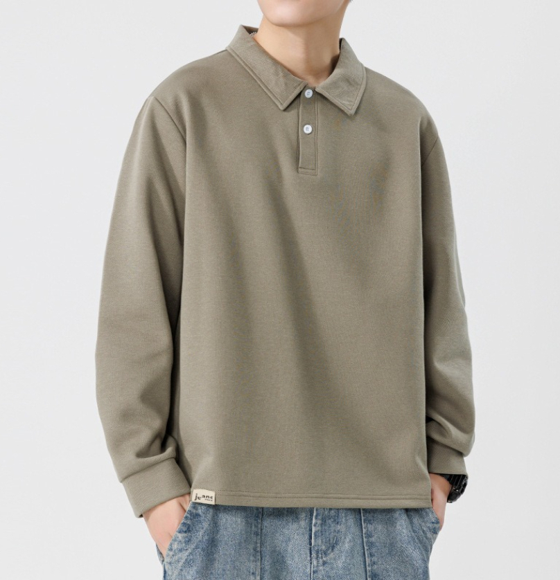 Adele416 Men Long-sleeved Autumn and Winter Heavy Loose Solid Color Lapel Youth Casual