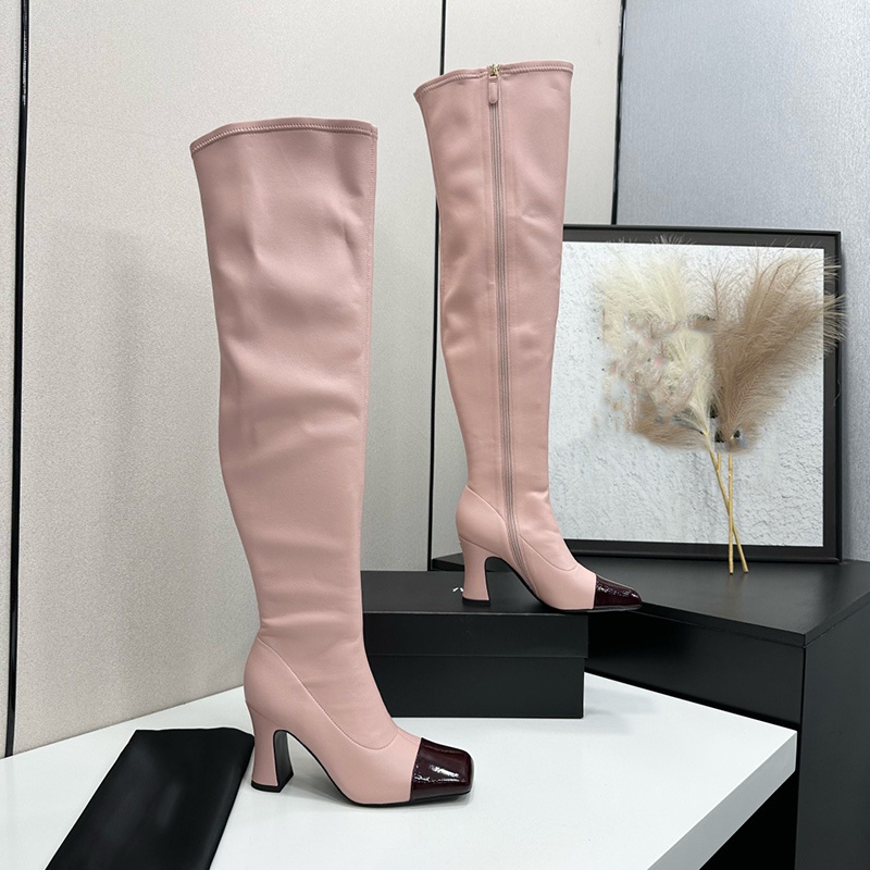 High Heel Boot Luxury Designer Womens Black White Pink Leather Patent Over Knee Square Toe Fashion Dress Footwear Quality Comfort Modern Stylish Tre