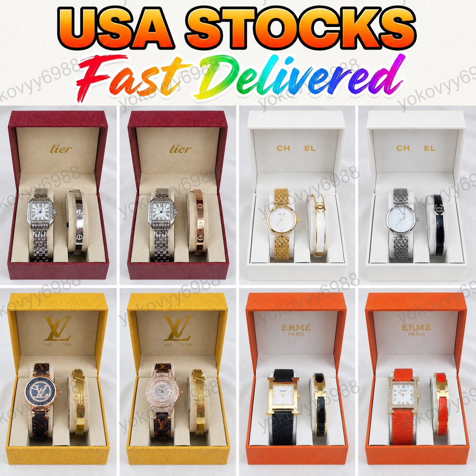 2PCS Womens Gold Bracelet Quartz Watch Set Elegant Ladies Wristwatch Casual Fashion Jewelry Gift Set with Box