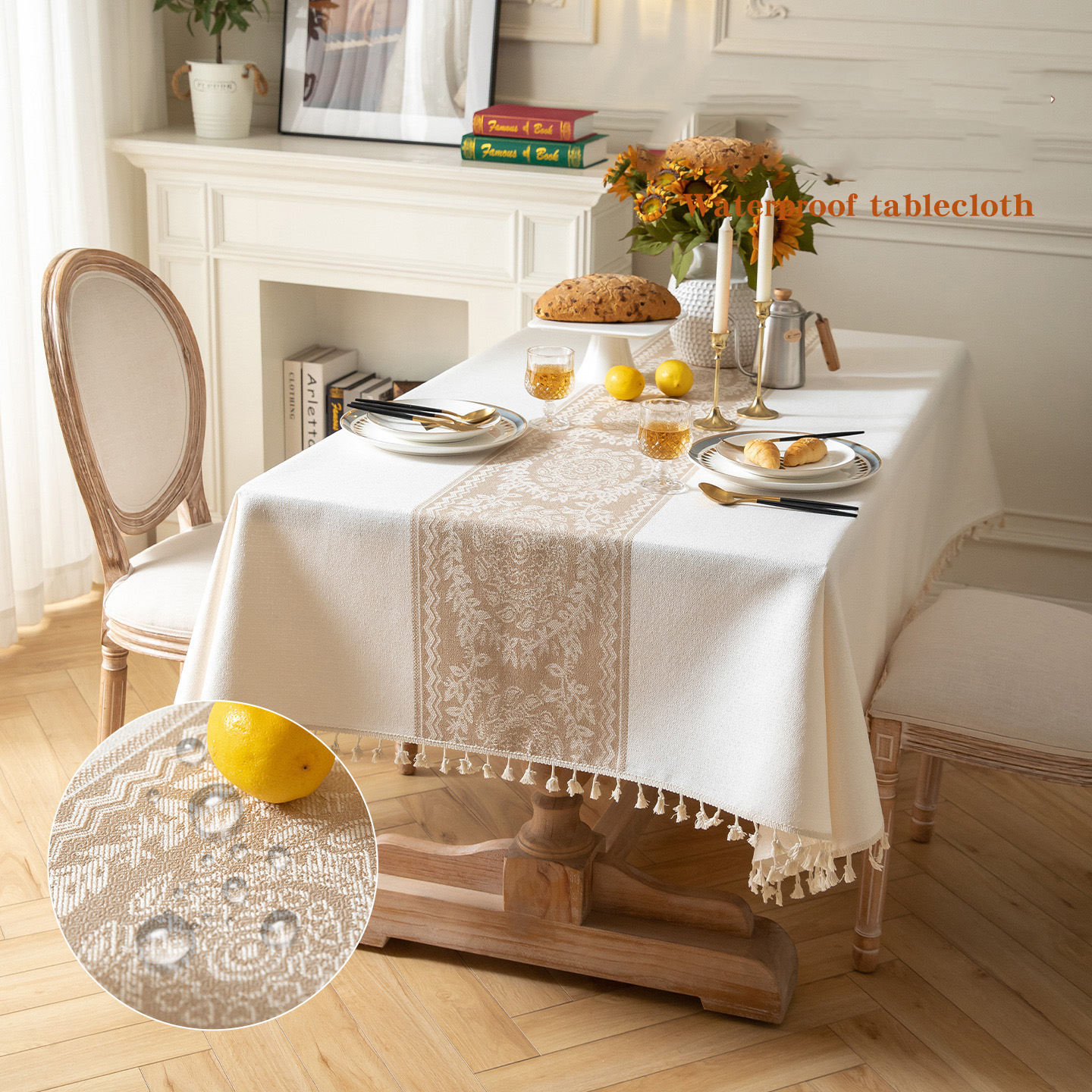YL-39278 Custom Rectangular Embroidered Cotton Linen Tablecloth Vintage American Style Waterproof Oil Proof and Heat Resistant