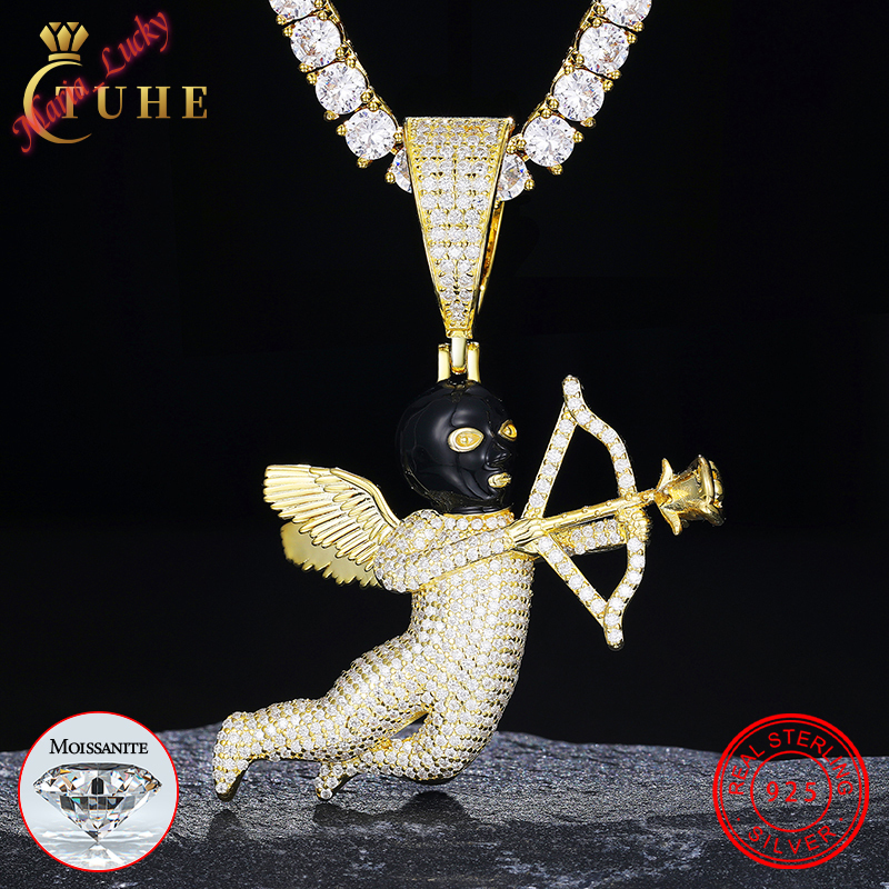 Iced Out 3D Cupid Angel Moissanite Pendant GRA Certified D VVS 925 Sterling Silver Black Face Arrow Charm Hip Hop Statement 18K Gold Necklace Gifts