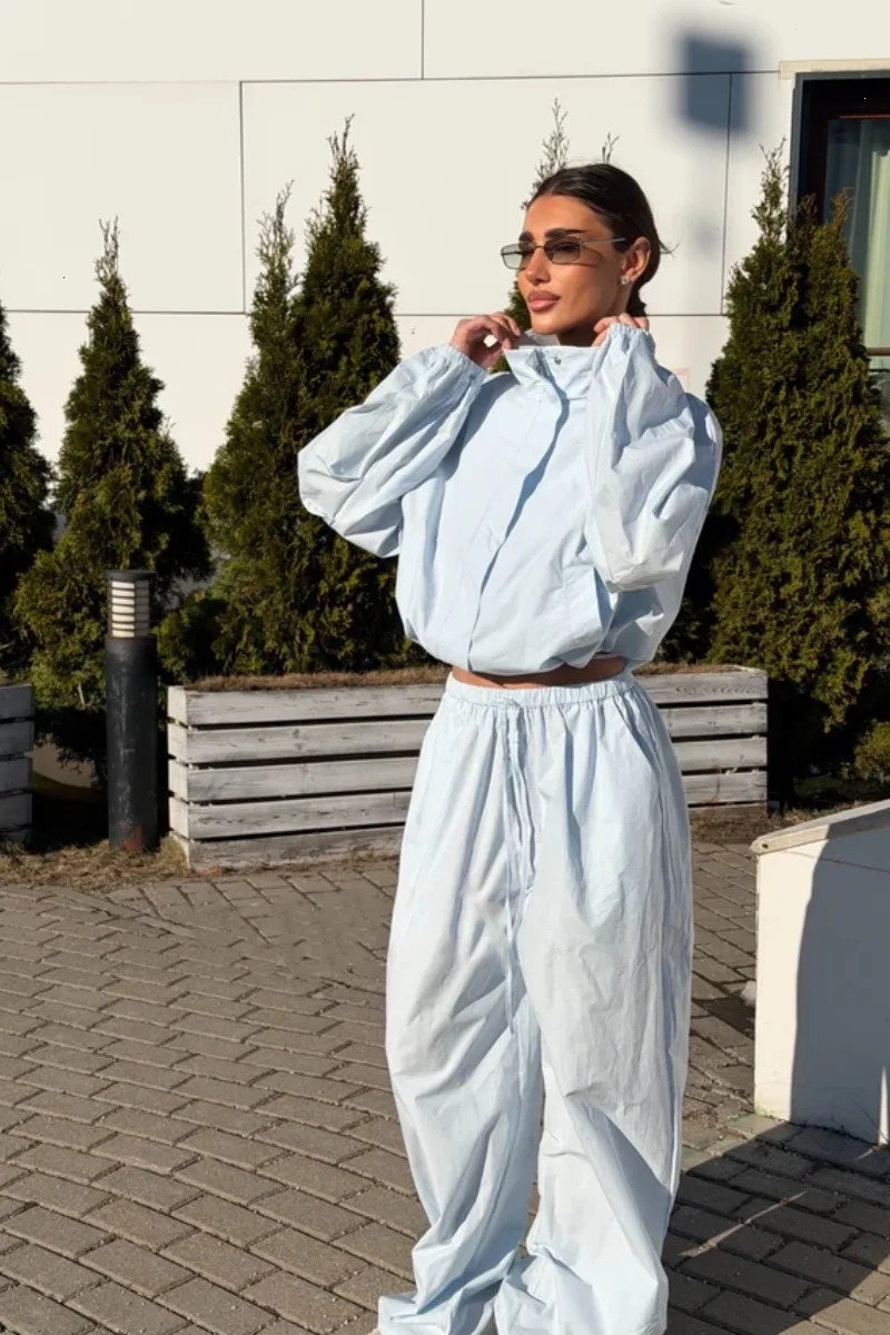 European and American Style Casual Sports Suit Women's Loose Standing Collar Short Zipper Cardigan Wide Leg Pants 260929