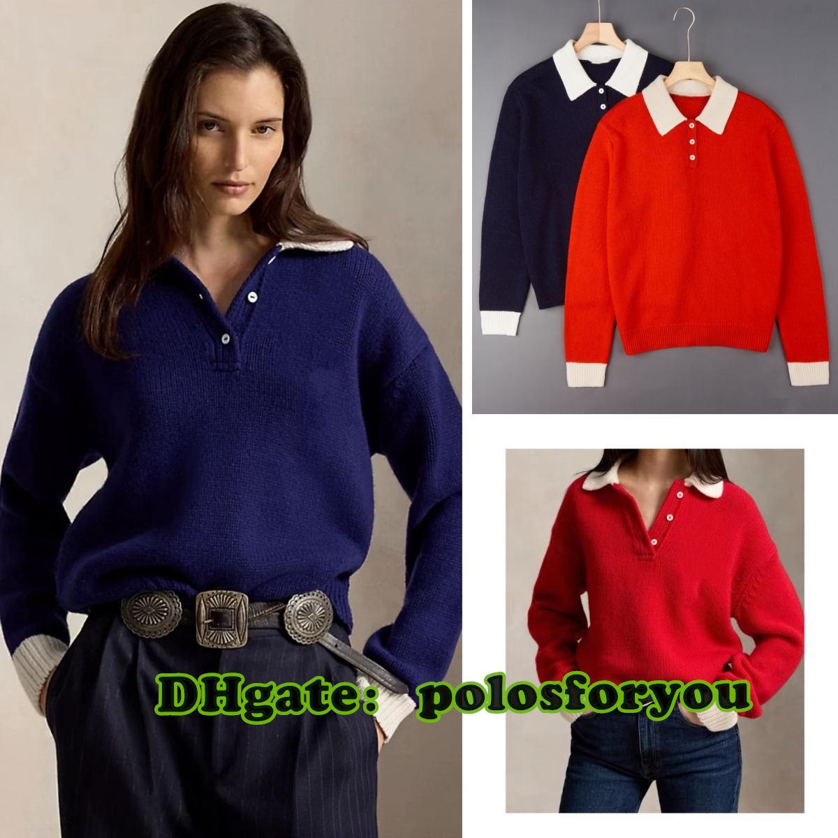 sweater women polo sweaters Women's winter knitwear Vintage Women's sweaters 2026 Color blocking design lapel collar jacquard 100% wool kn