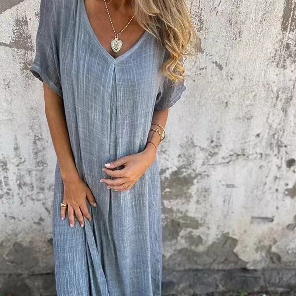 2025 New Amazon Independent Station Fashion Cotton Linen V-Neck Semi-Formal Dress For Europe And America Cross-Border 3fa7
