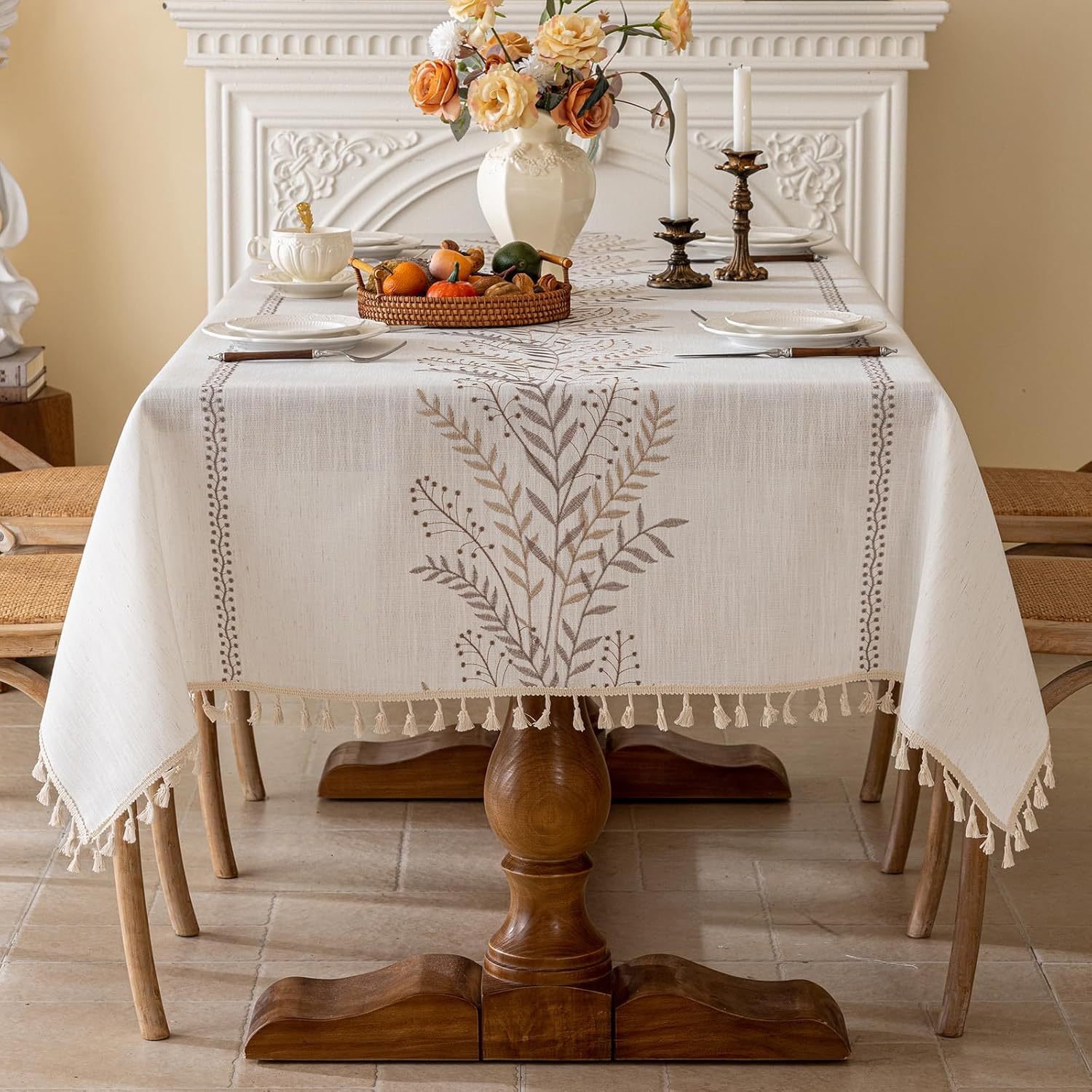 YL-38158 Custom Rectangular Embroidered Cotton Linen Tablecloth Vintage American Style Waterproof Oil Proof and Heat Resistant