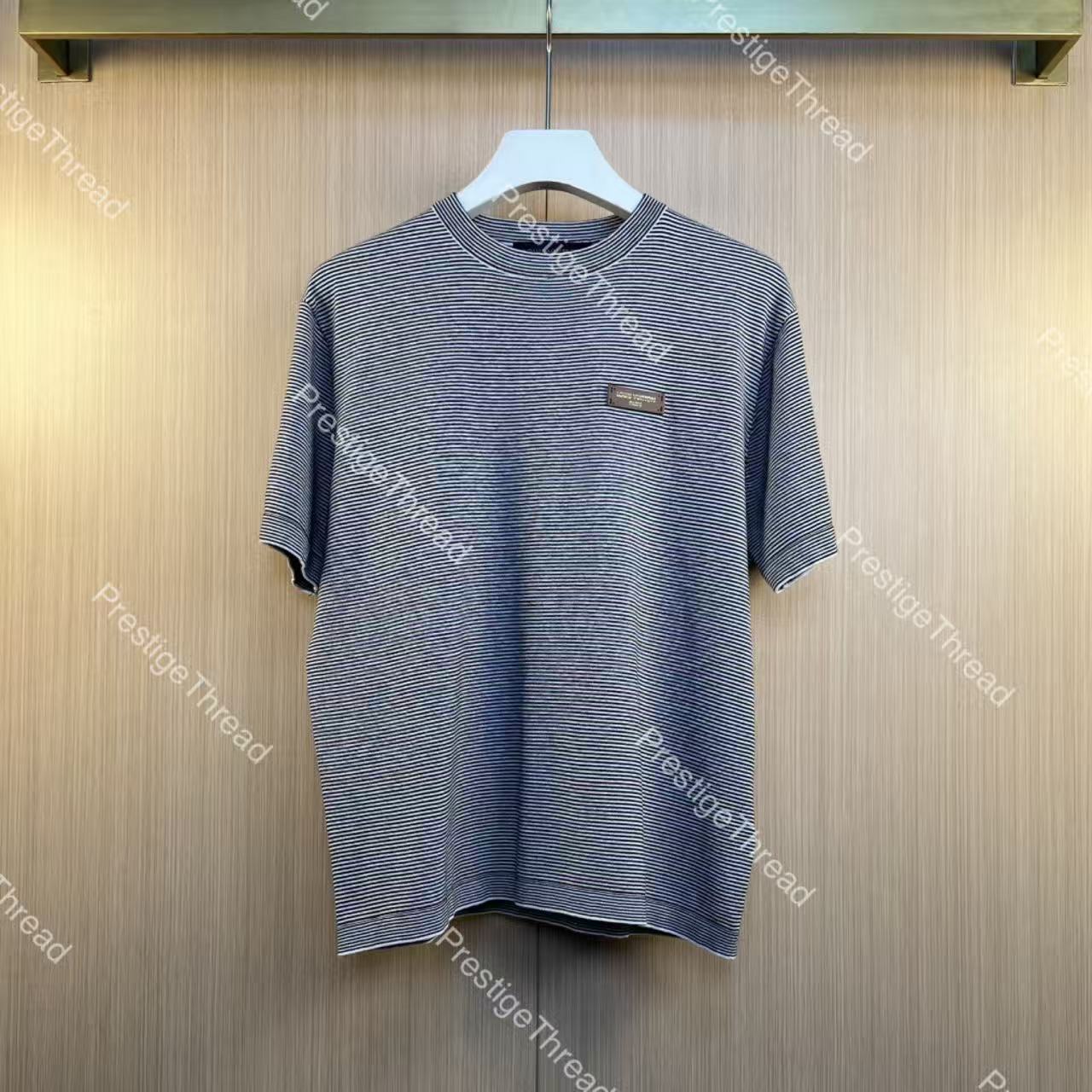 26ss Summer New Letter Leather Patch Badge Fine Stripe Knit Short Sleeve T-Shirt Designer Men's T-Shirts Crew Neck Casual