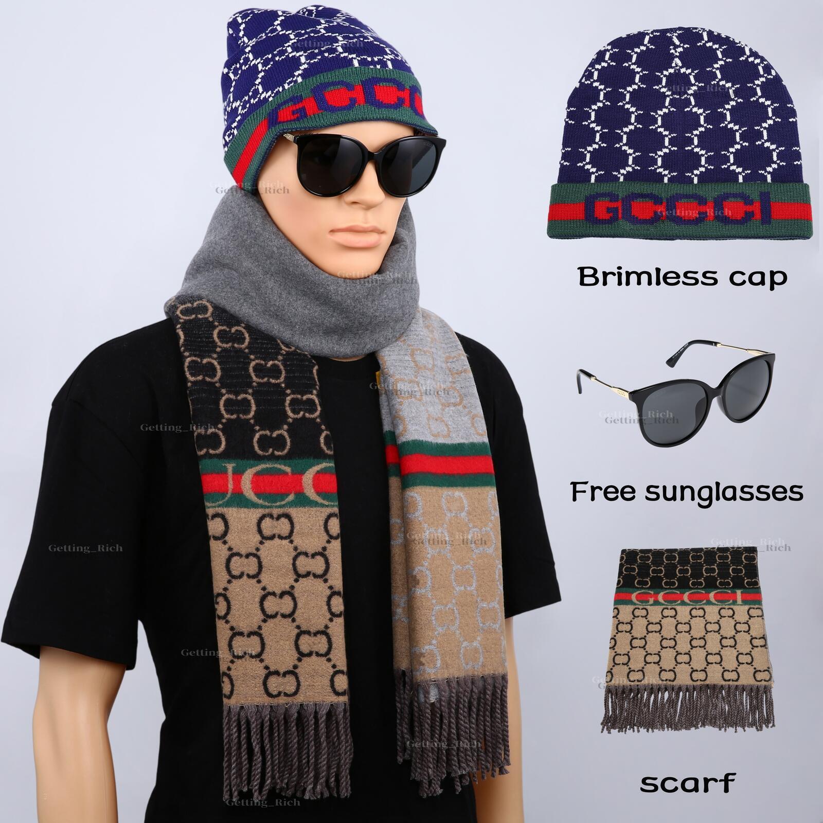 Gorro de punto clásico con letras y estampado geométrico, bufanda con flecos de tres piezas y conjunto de accesorios de moda estilo ojo de gato de c
