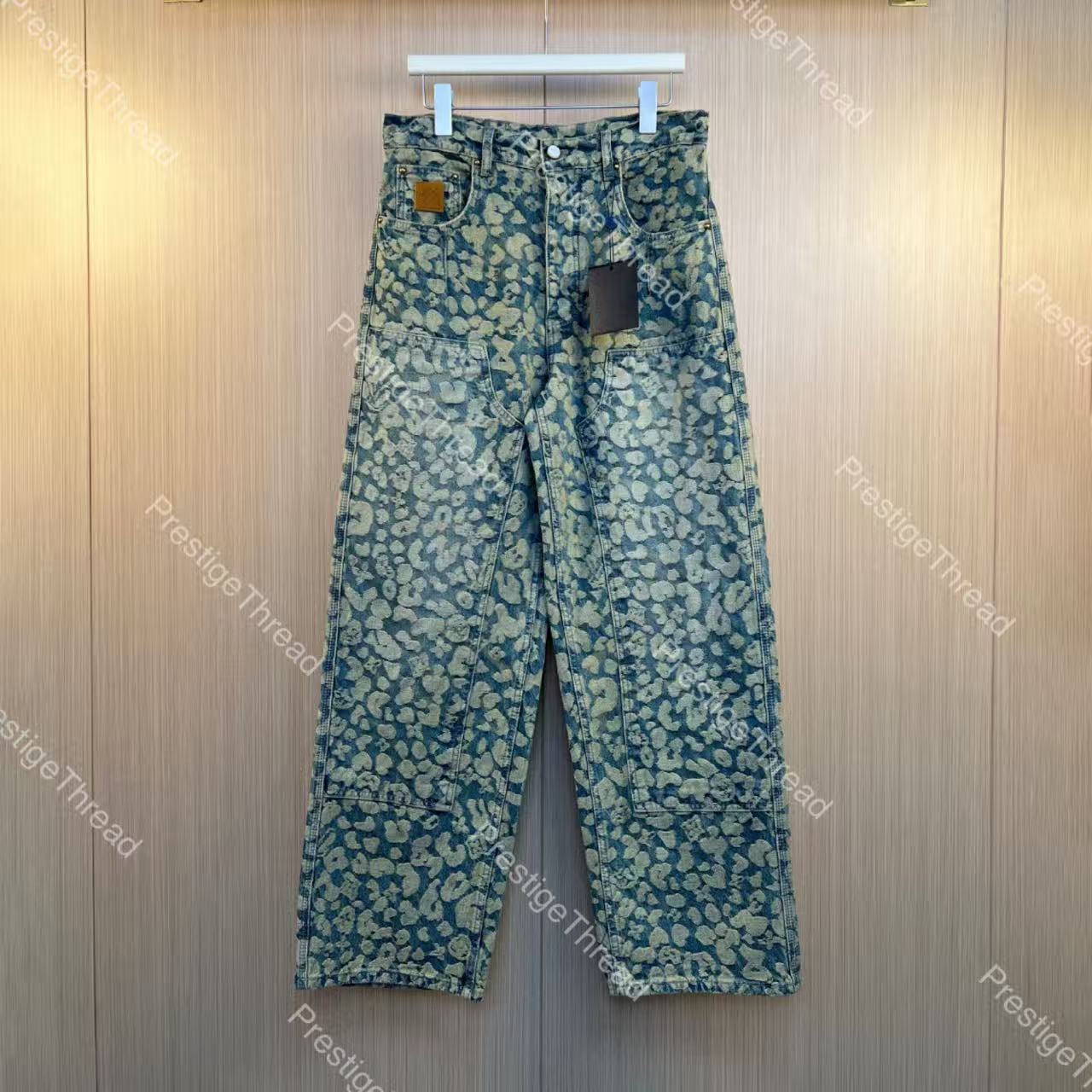 High-Quality Men's Jeans New Jacquard Polka Dot Leopard Print Full-Pearl Button Work Denim Pants Plus Size