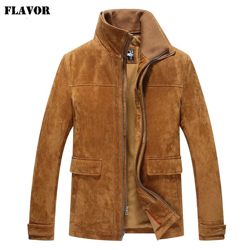 FLAVOR Men's Suede Leather Jacket Classic Winter Coat with Detachable Collar Clothes Outdoor 260929