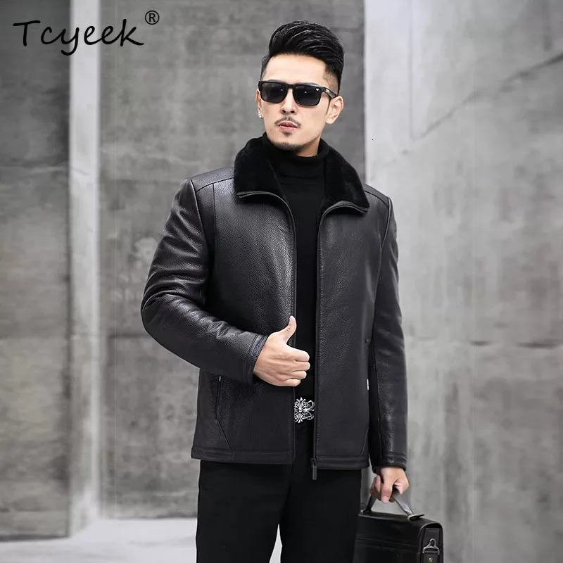 Tcyeek Natural Fur Coat Men 2026 Cowhide Leather Jacket Man Winter Clothes Warm Wool Coats Trendy 260929