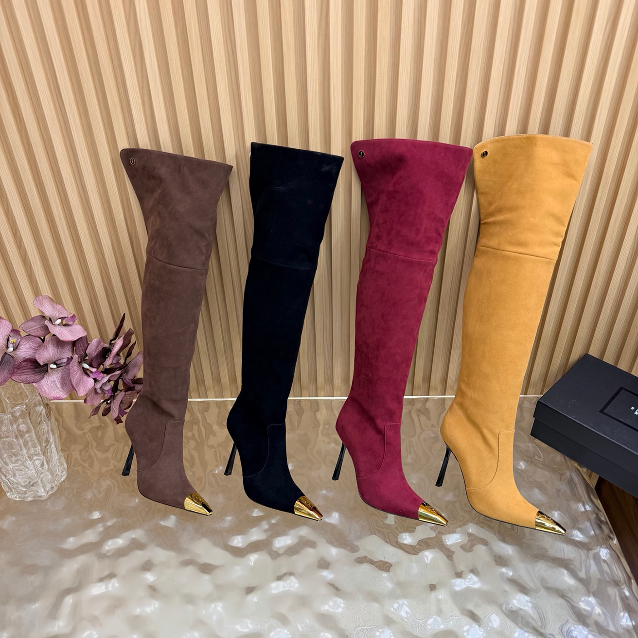 Designer Long Women's Pointed Suede Over The Knee Boots 10 5cm Heel Gold Metal Toe Cap 4 Colors Autumn Winter Free Shipping Sizes 35 42