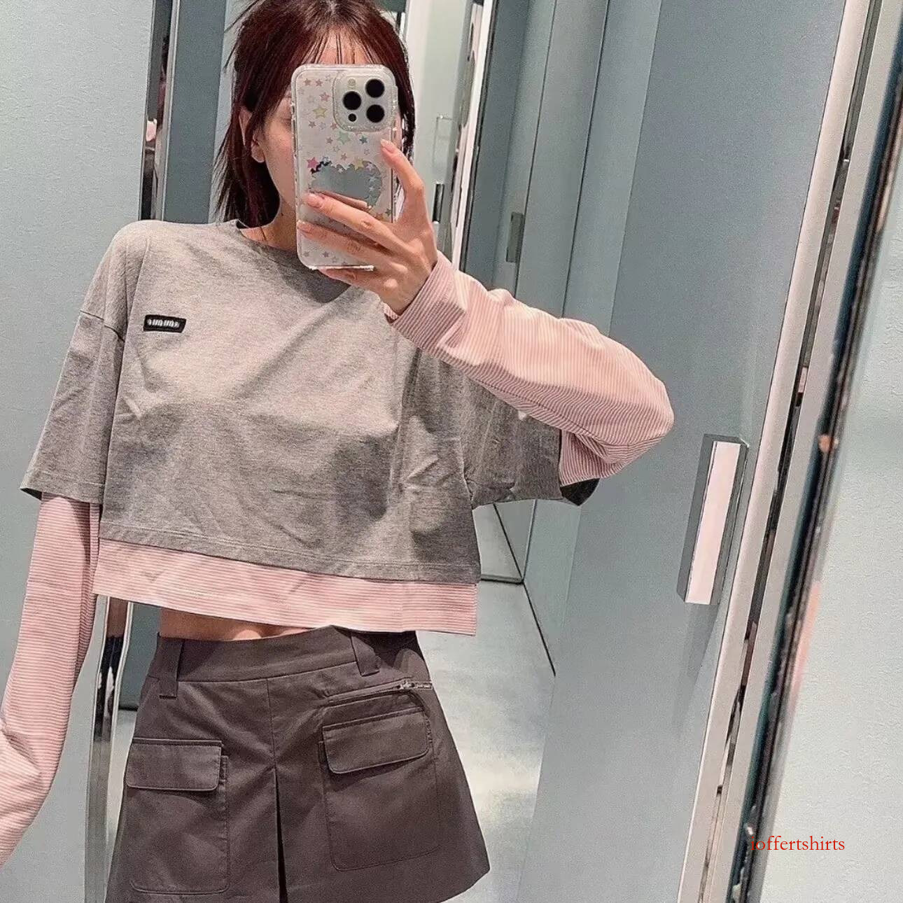 Vintage Luxury Layered Crop Tee Stripe Fake 2 Pieces Tshirts Women Designer Long Sleeve Round Neck High Waist Girls Street Cotton Top Size S-Xl