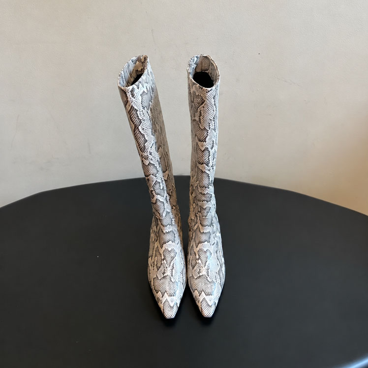 Botas altas hasta la rodilla con cuña y punta estrecha de diseñador para mujer, botas altas de charol con estampado de serpiente de principios de ot