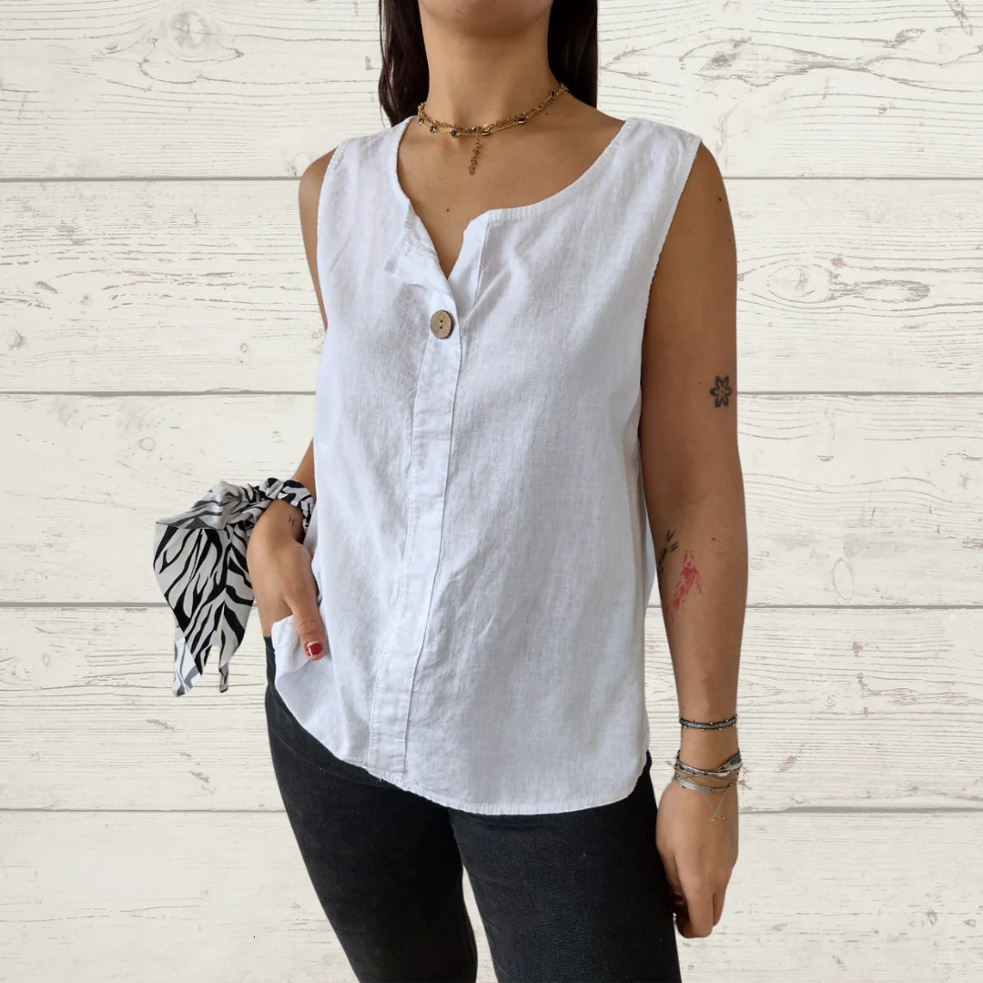 2026 European And American Cross-Border Amazon Summer New Women's Vest Casual Loose Cotton-Linen T-Shirt Button Top 8390