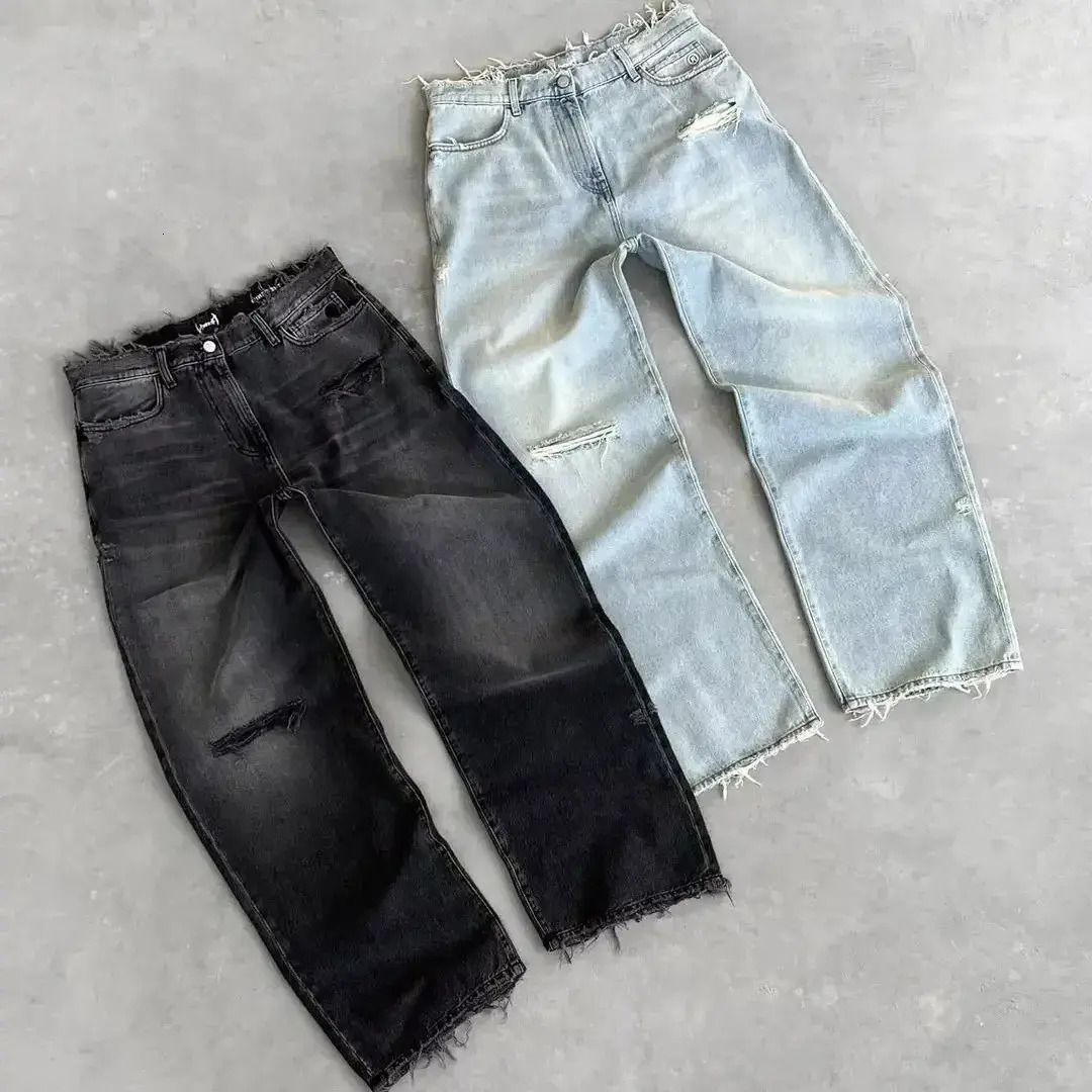 Men Jeans Straight Jeans Distressed Men Jean Ripped Holes Washed trousers Denim Pants Ankle Length Loose Solid Zipper Fly Pockets Casual Denim Pants