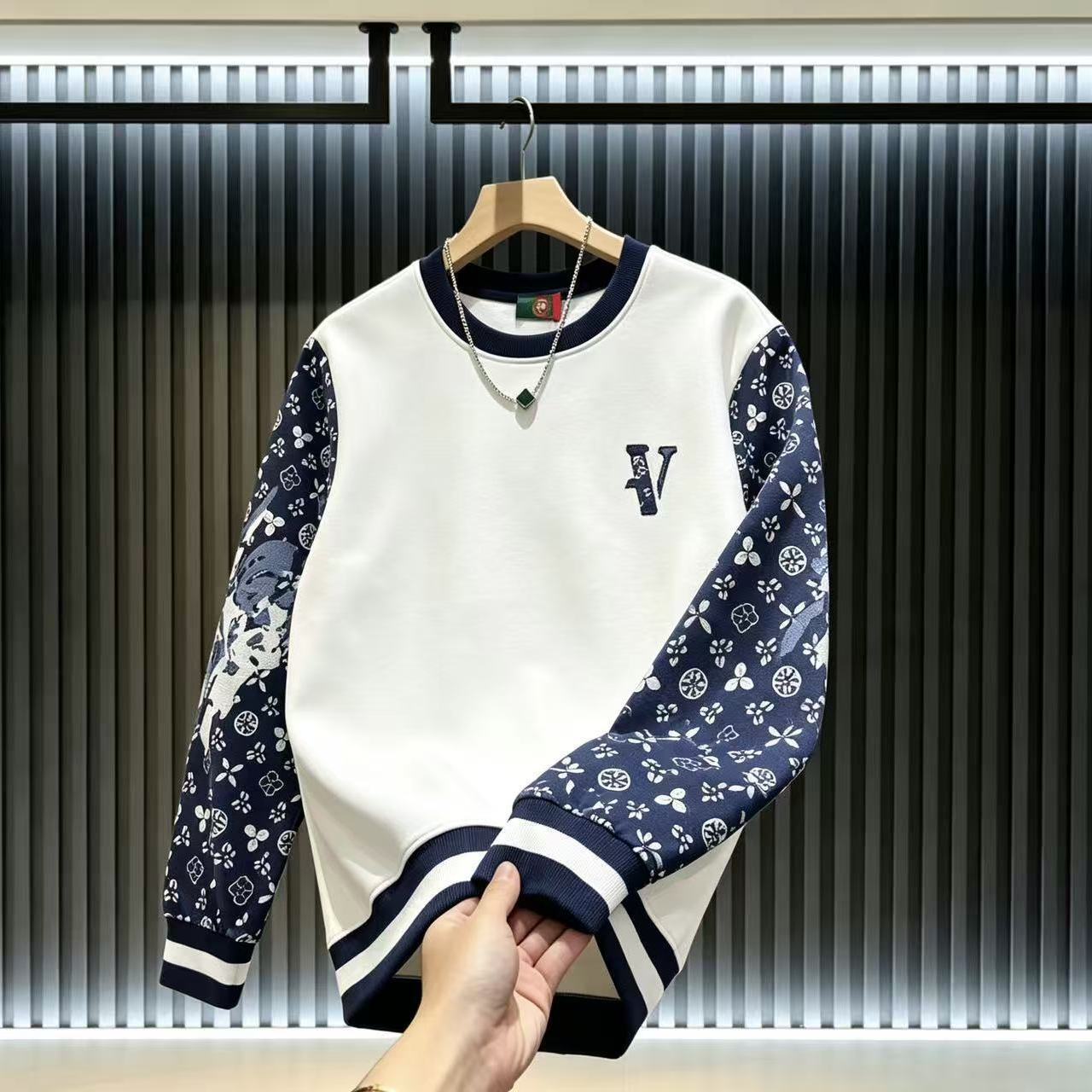 New DesignNew Men SAutumn Winter Heavyweight Thick Patchwork Sweatshirt With Trendy Printed Sleeves Round Neck Pullover Style Versatile Stylish And