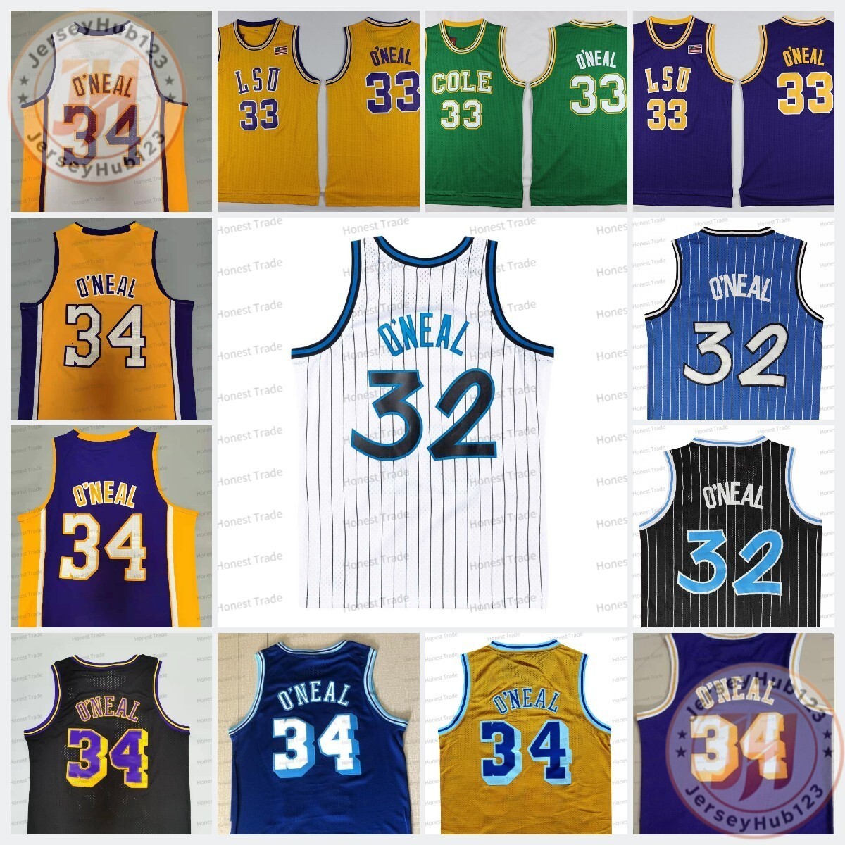 Men's Retro Stitched Basketball Jersey #33 #32 #34 Shaq O'Neal Jerry West Chamberlain Johnson Blue White Black Vintage