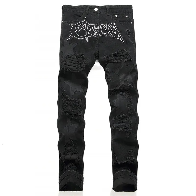 Men Jeans Mens Jeans Black Ripped Applique Embroidered Punk Style trousers Midrise Slim Pencil Pants Fashion Streetwear Denim Pants