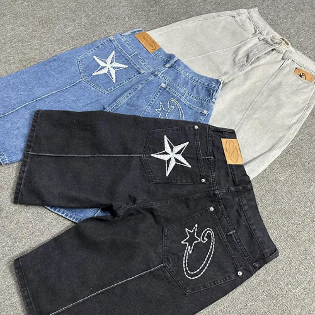 Men Jeans Mens Denim Retro High Street Embroidered Jeans Casual Five Pointed Star Distressed Jacket Pants Vintage Style Denim trousers Pants