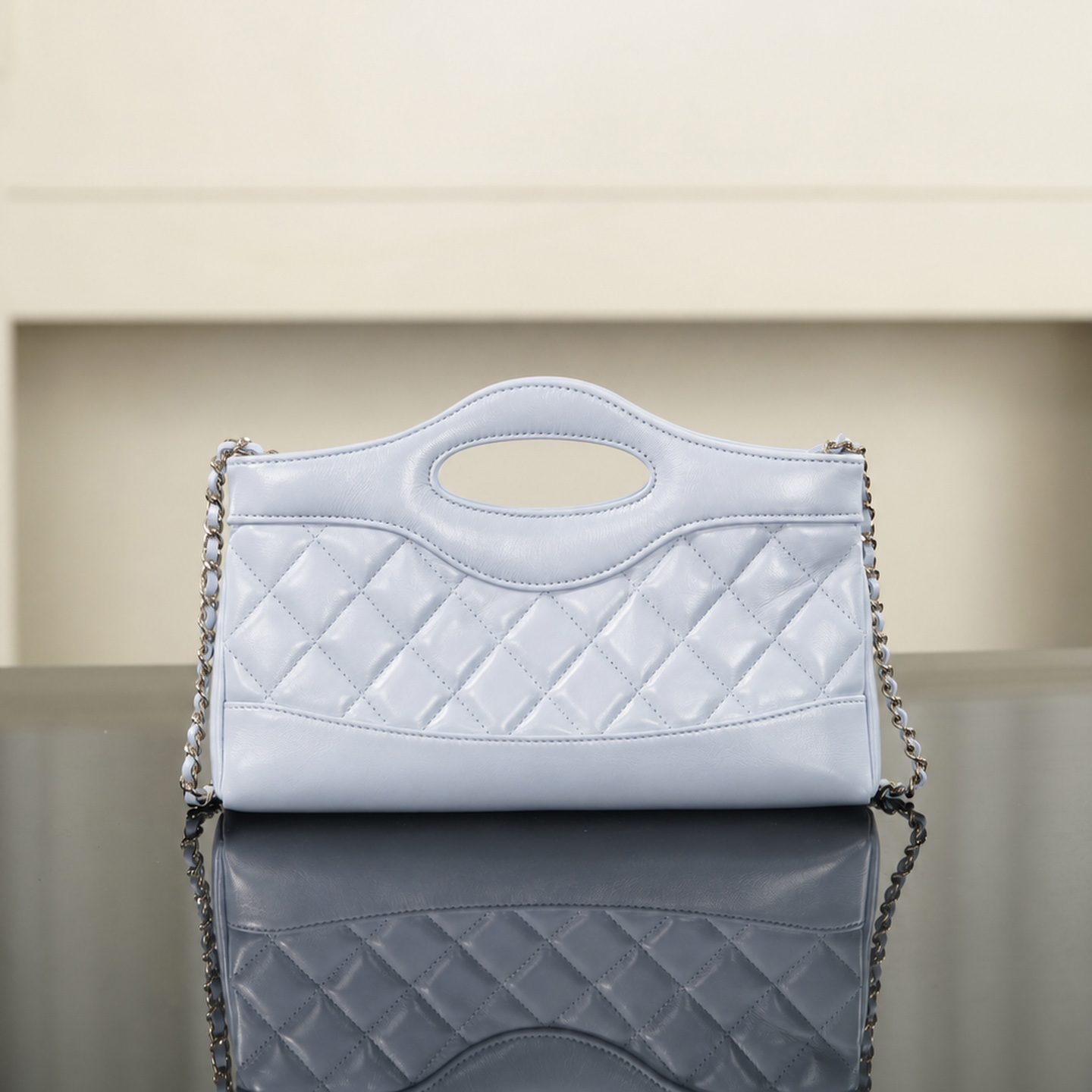 Designer Bag 26K Series Light Blue Waxed Lambskin Quilted Top Handle Bag Cutout Shoulder Crossbody Purse Chain Strap Daily Outing