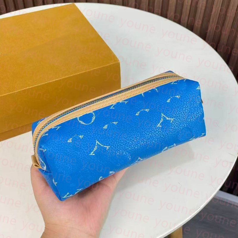 Desinger candy color Blue Print Cylindrical Cosmetic Bag Portable Zipper Makeup Pouch Large Capacity Student Pencil Case Travel Toiletry Storage Org