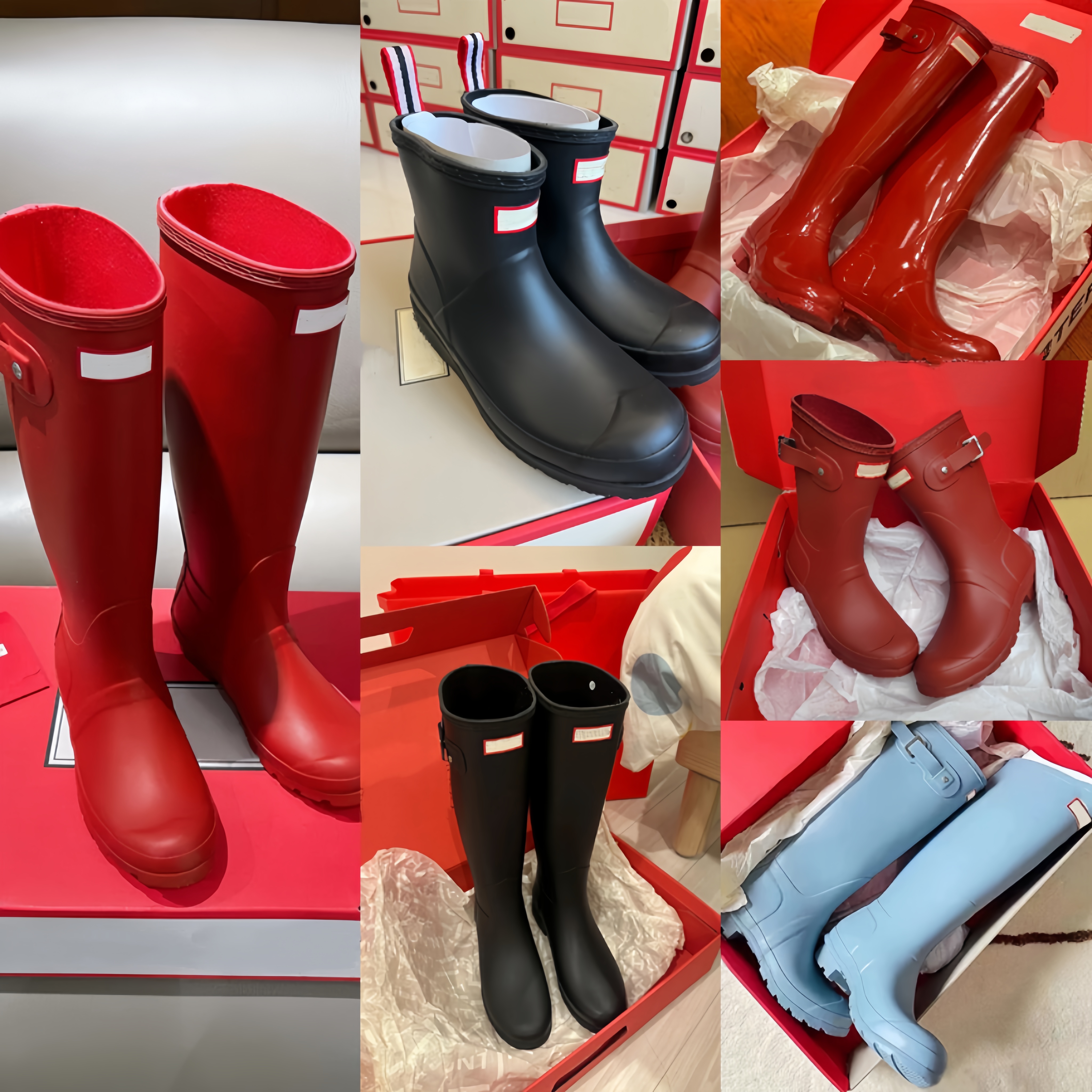 Hunters Womens Mens Designer Rain boots Luxury Wellies High quality Anti Slip Rubber Wellington Boots Black Shoes Cool Rainboots Red Martin Knight B