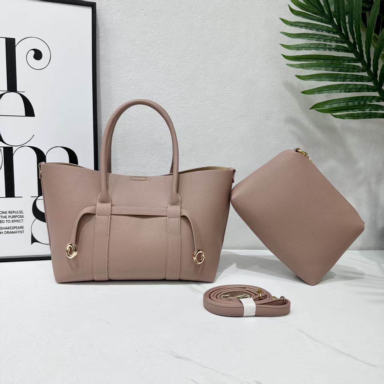 Elegant Trendy Pebbled Leather 2 in 1 Tote Bag Large Capacity Top Handle Handbag Detachable Strap Shoulder Bag For Women