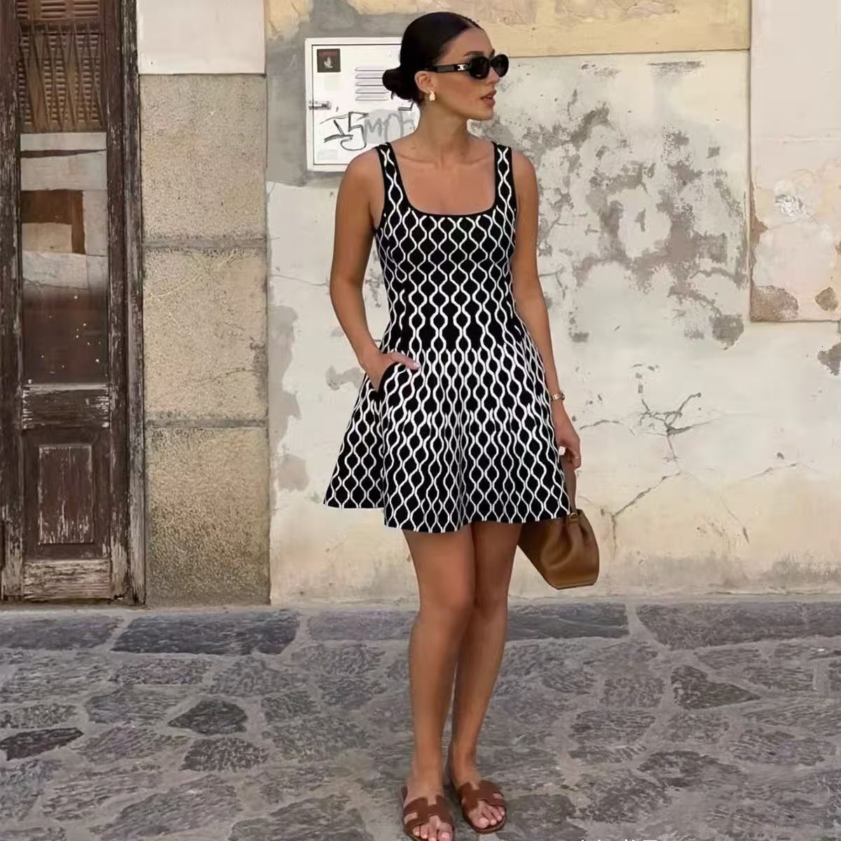 Women Casual Dress Casual Dresses Women Fashion Plaid Side Pocket Knitted Mini Dress everyday Elegant Backless Sleeveless Pleated A Line 2026 Party