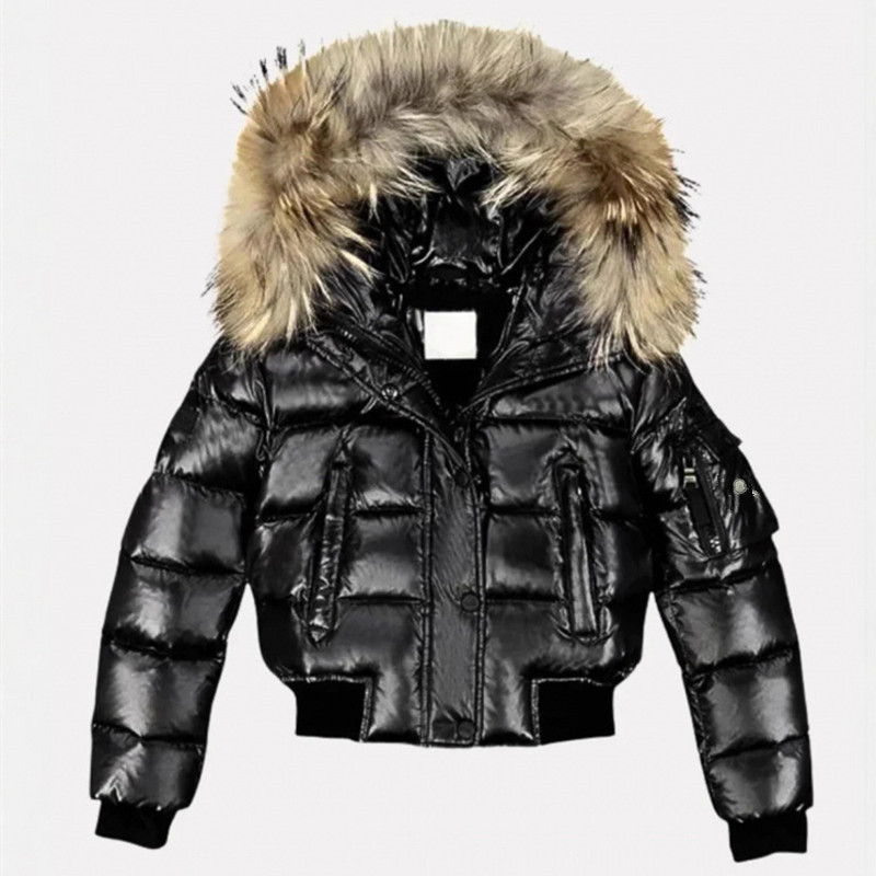 Women's Down Jacket Shiny Black Short Puffer Jacket With Big Natural Real Fur Collar Hood Winter Warm Bomber Coat Zip Pocket Outdoor Parka Oute