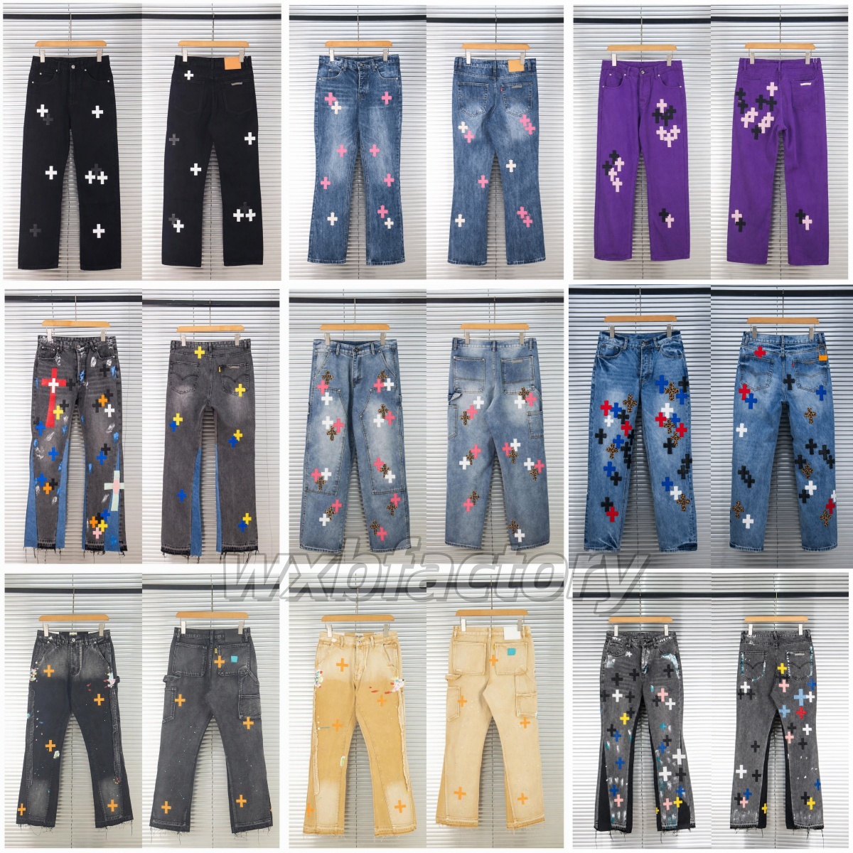 designer jeans Gothic Style Unisex Streetwear Hip Hop Straight Skinny Denim Pants Mens Trouser Embroidery Crosses Vintage Washed White baggy Jeans n