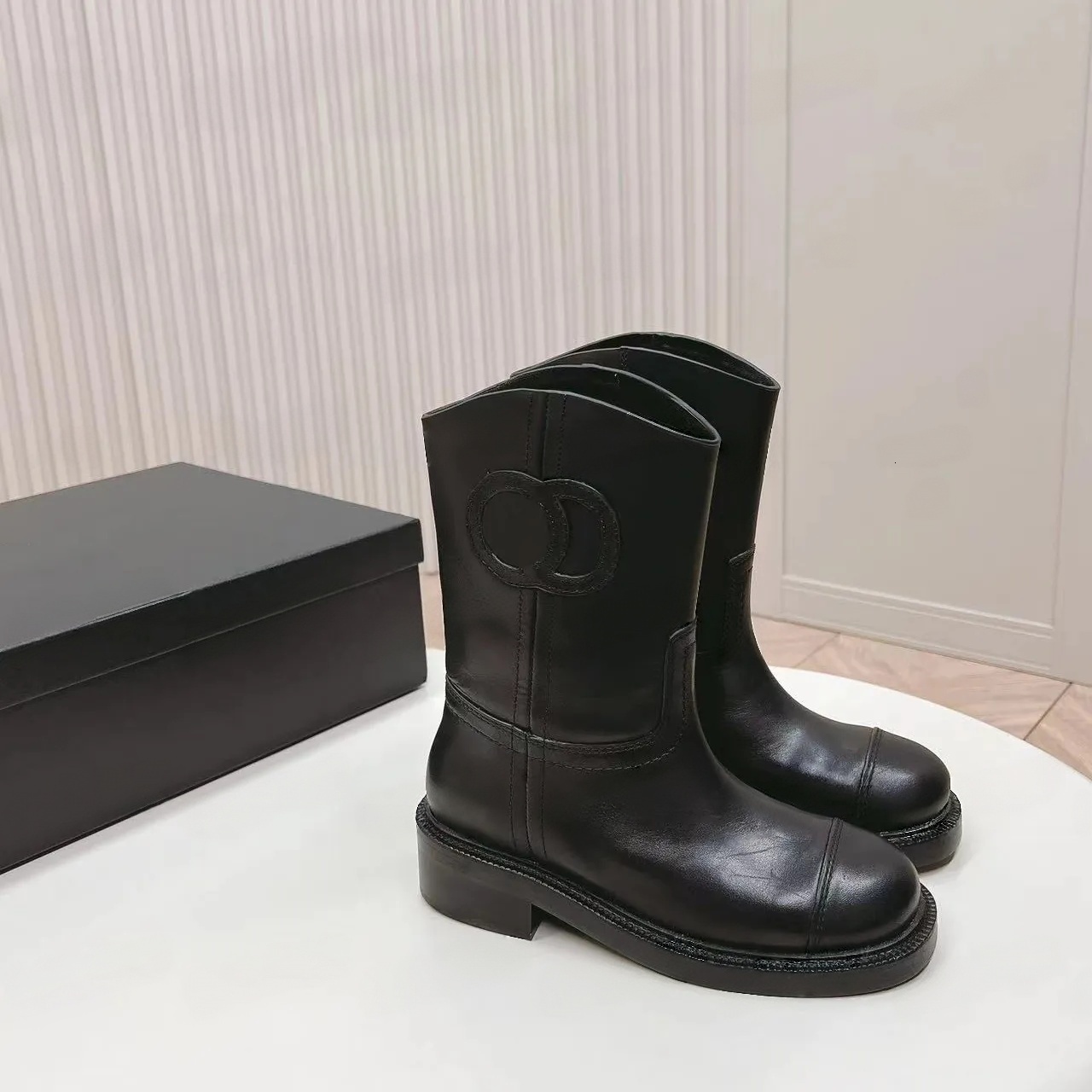 Black Boot Designer Luxury Womens Leather Knee High Round Toe Block Heel Fashion Formal Dress Footwear Quality Comfort Modern Stylish Trendy Office