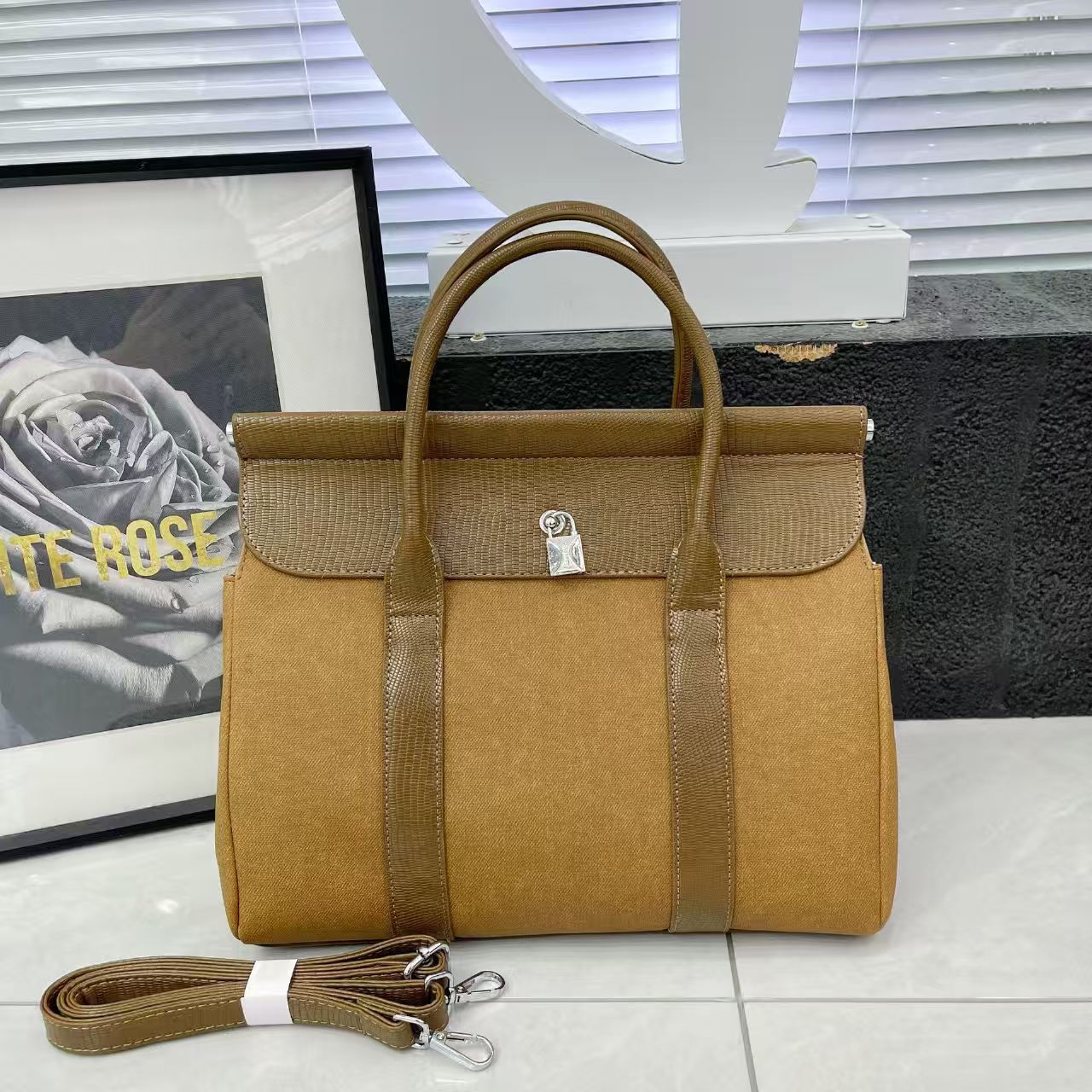 Classic Canvas Spliced Leather Handbag Metal Lock Decor Large Capacity Top Handle Detachable Strap Crossbody Tote Bag For Women
