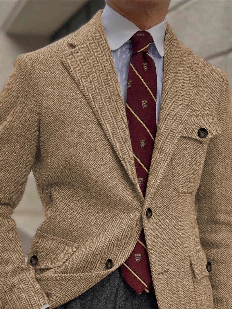 Men's Herringbone Tweed Plaid Blazer Wool Blend Vintage British Gentleman Business Casual Sport Hunting Coat Fit Suit Jacket 260929