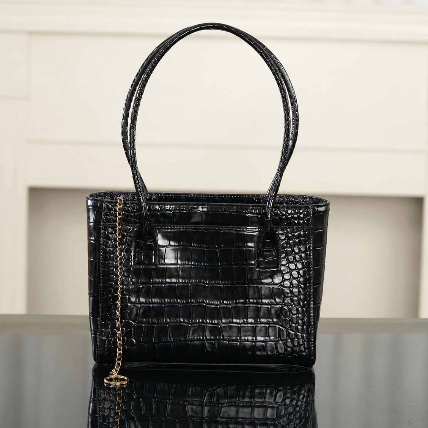 Designer Bag 26K Series Black Crocodile Embossed Leather Vertical Tote Bag Top Handle Shoulder Purse Gold Hardware Work Commute Outing