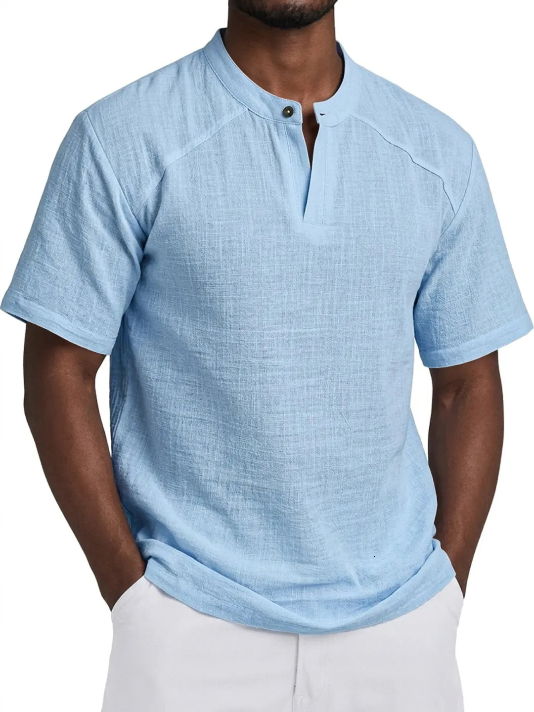 Foreign Trade 2026 European And American Fashion Summer New Casual Cotton Linen Men's Henley Shirt Solid Color Versatile Short Sleeve Top For M