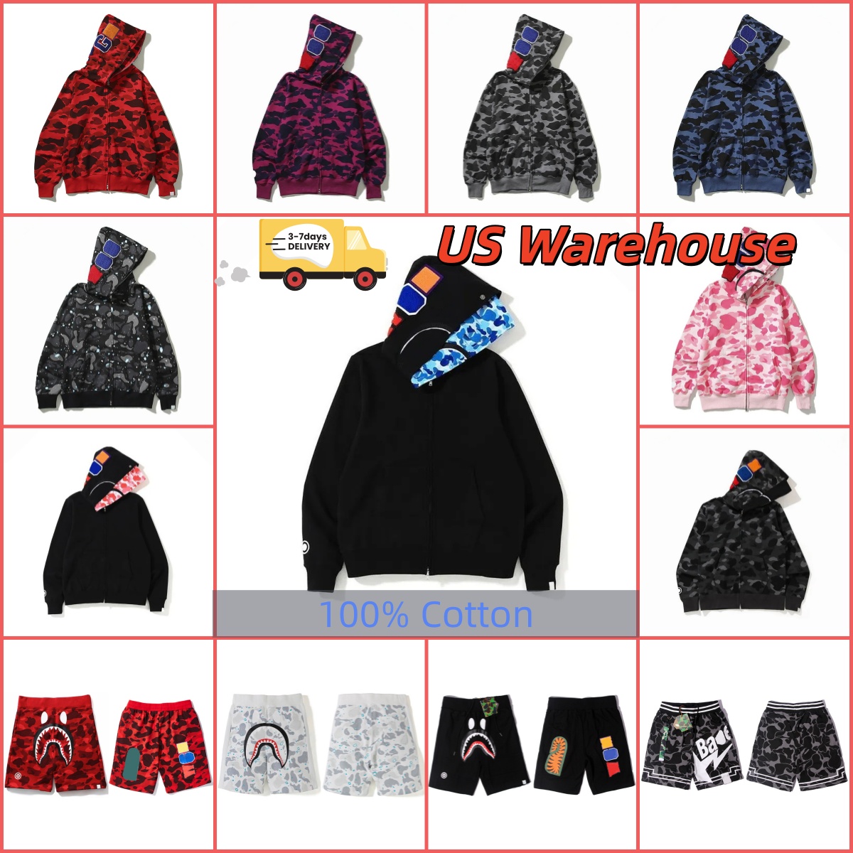 Mens Designer Camouflage Pure Cotton Shark Prints Pants Beach Hoodie and Shorts High Quality Pure Cotton Asian Fashion