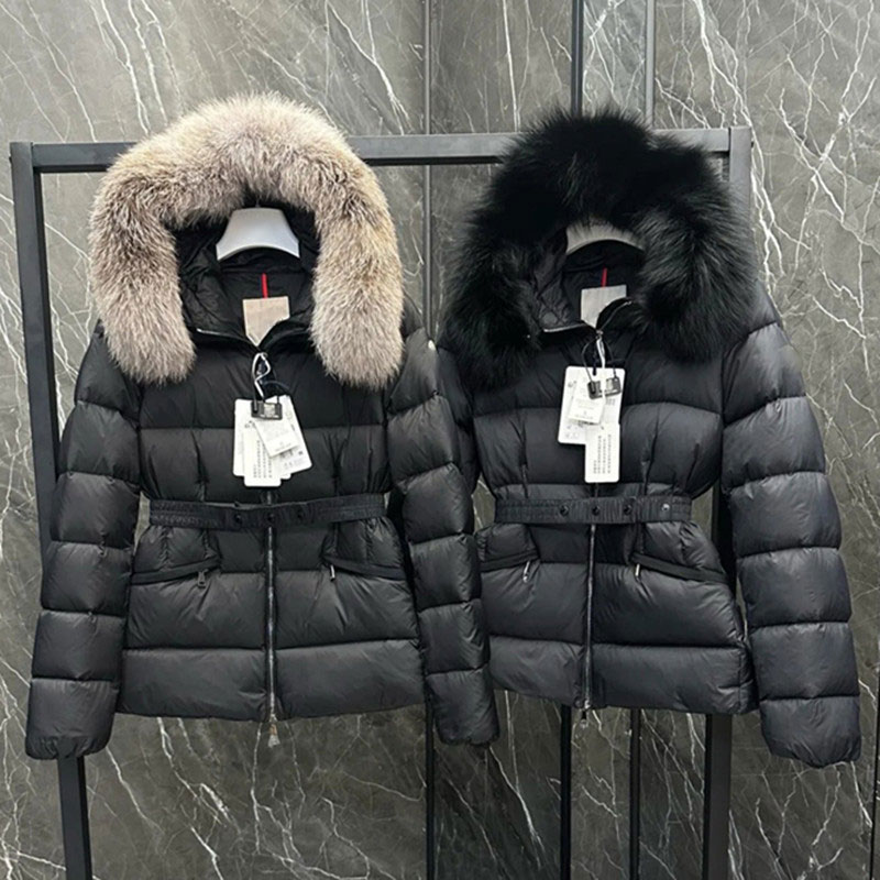 Women Winter Short Down Jacket With Large Raccoon Fur Collar Hooded Belt Waist Slim Fit Puffer Coat Ladies Warm Outdoor Black Parka